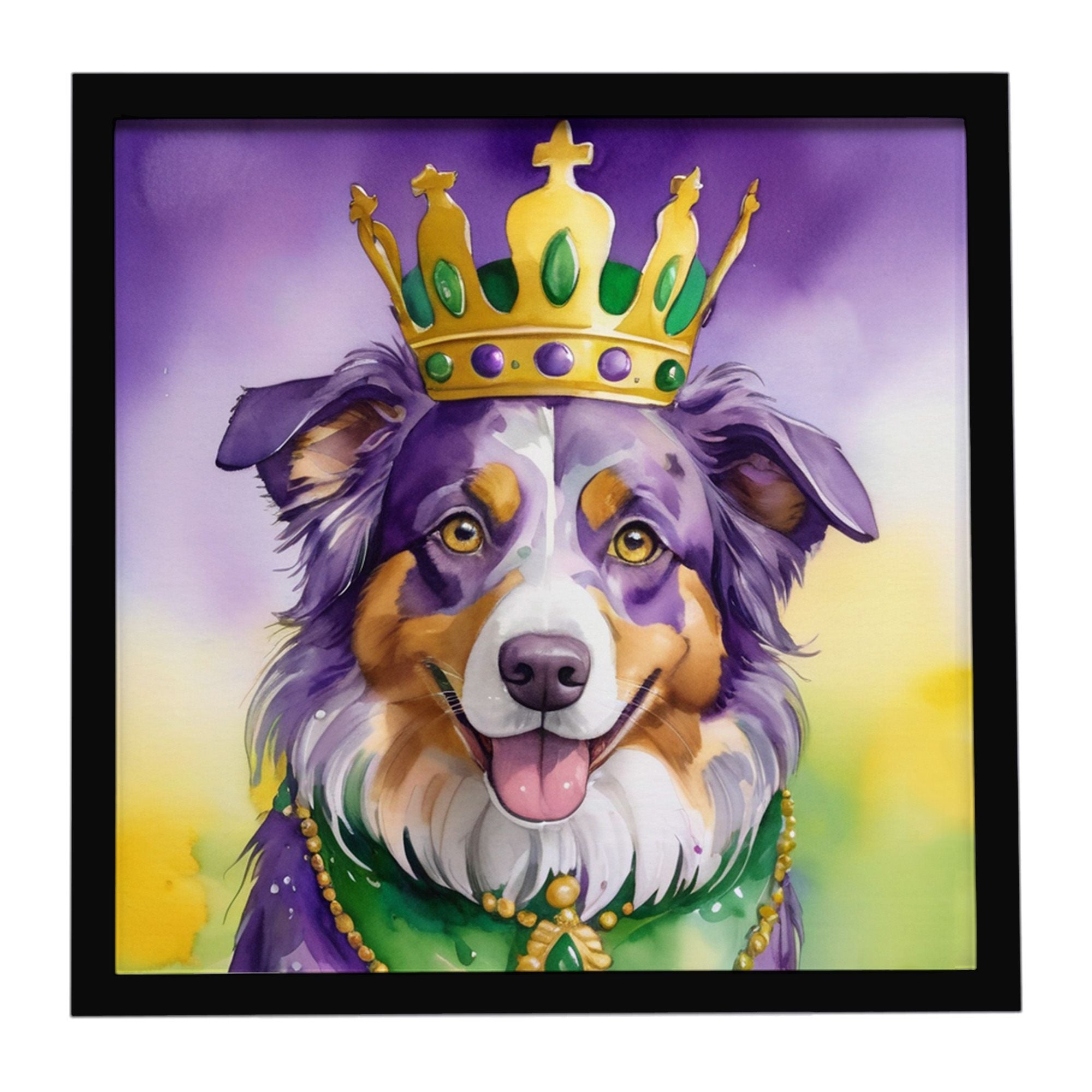 Australian Shepherd King of Mardi Gras Framed Metal Print Bathroom, Kitchen, Office, Home Decor Wall Art Ready to Hang, Square, 