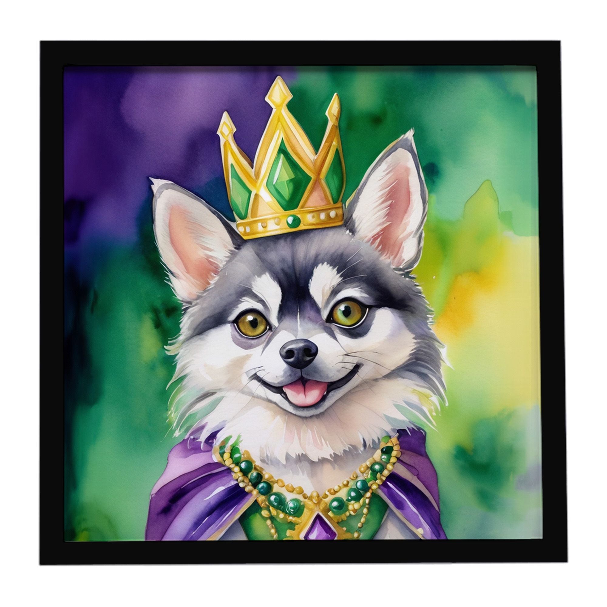 Alaskan Klee Kai King of Mardi Gras Framed Metal Print Bathroom, Kitchen, Office, Home Decor Wall Art Ready to Hang, Square, 8X8