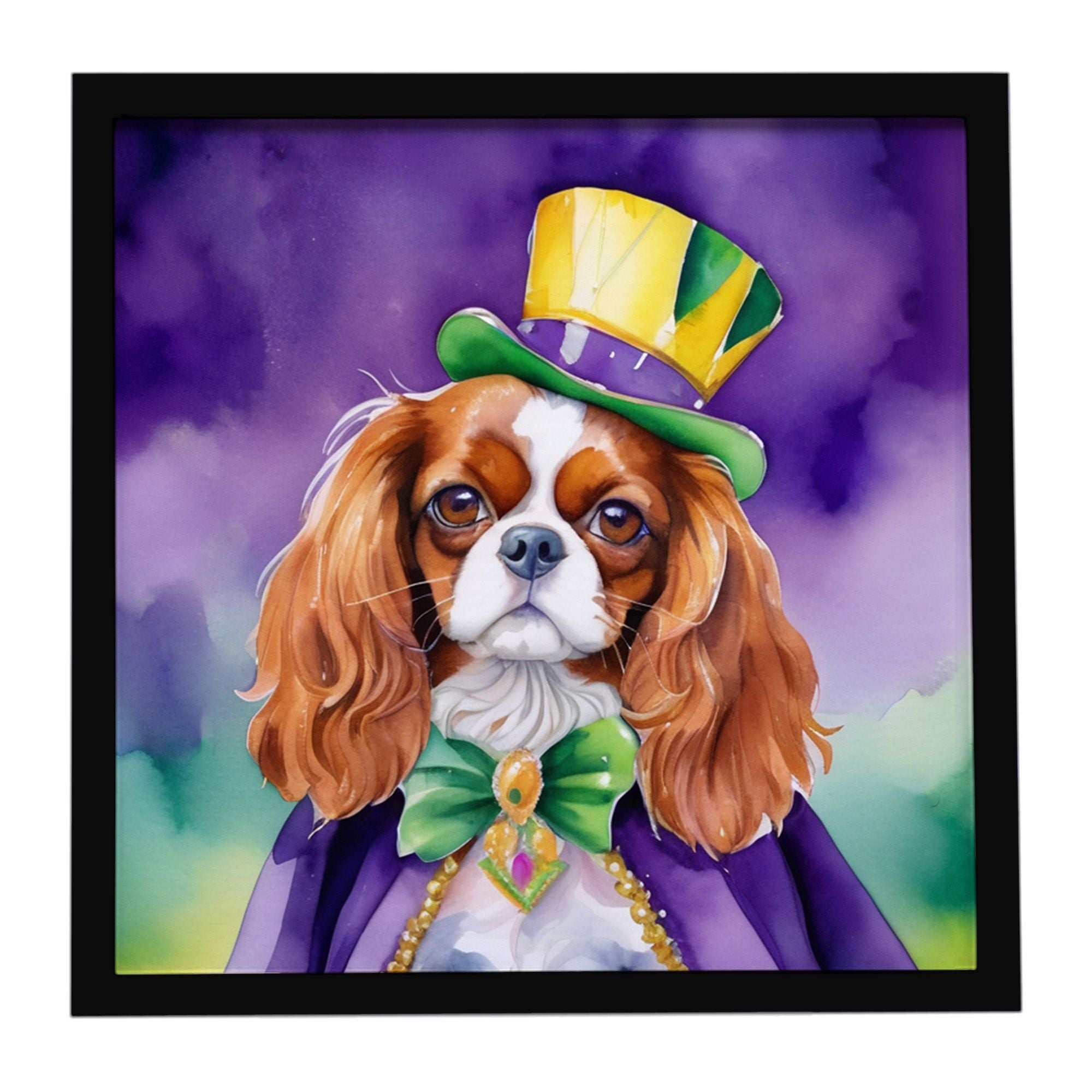 Cavalier Spaniel King of Mardi Gras Framed Metal Print Bathroom, Kitchen, Office, Home Decor Wall Art Ready to Hang, Square, 8X8