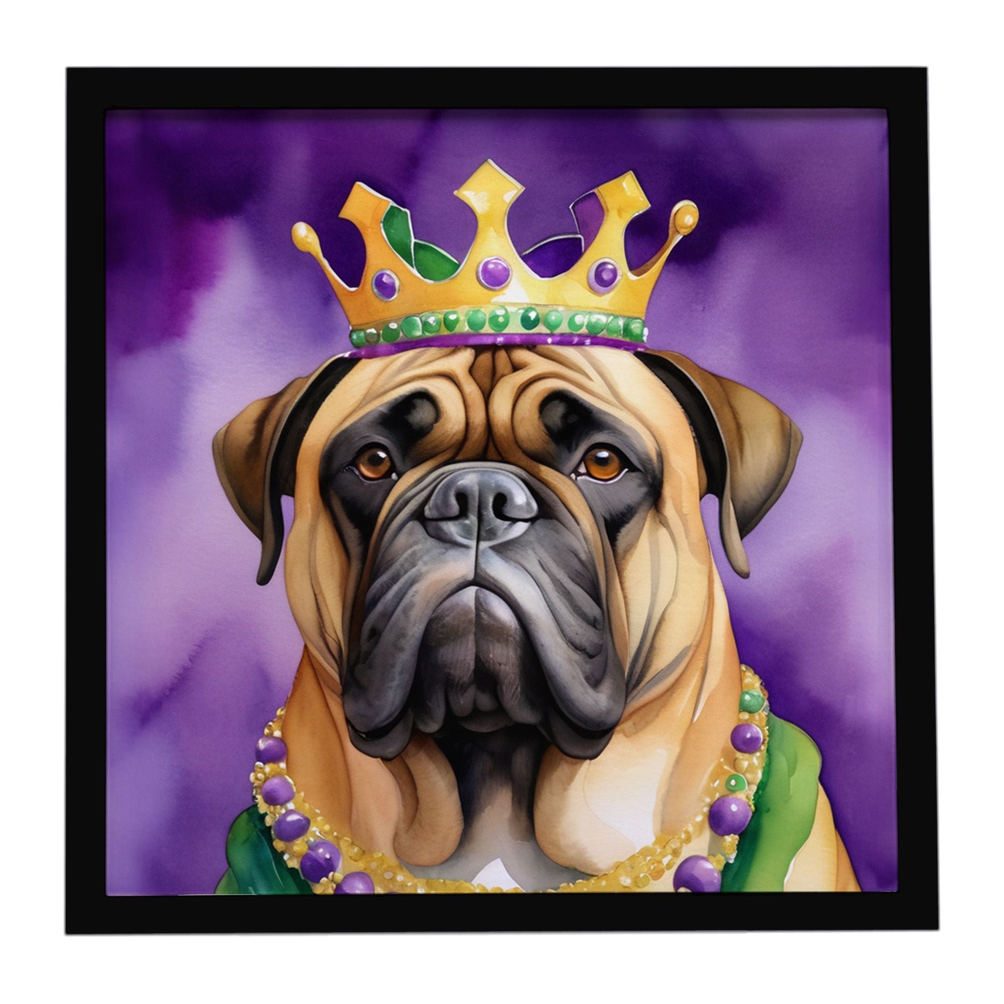 Bullmastiff King of Mardi Gras Framed Metal Print Bathroom, Kitchen, Office, Home Decor Wall Art Ready to Hang, Square, 8X8