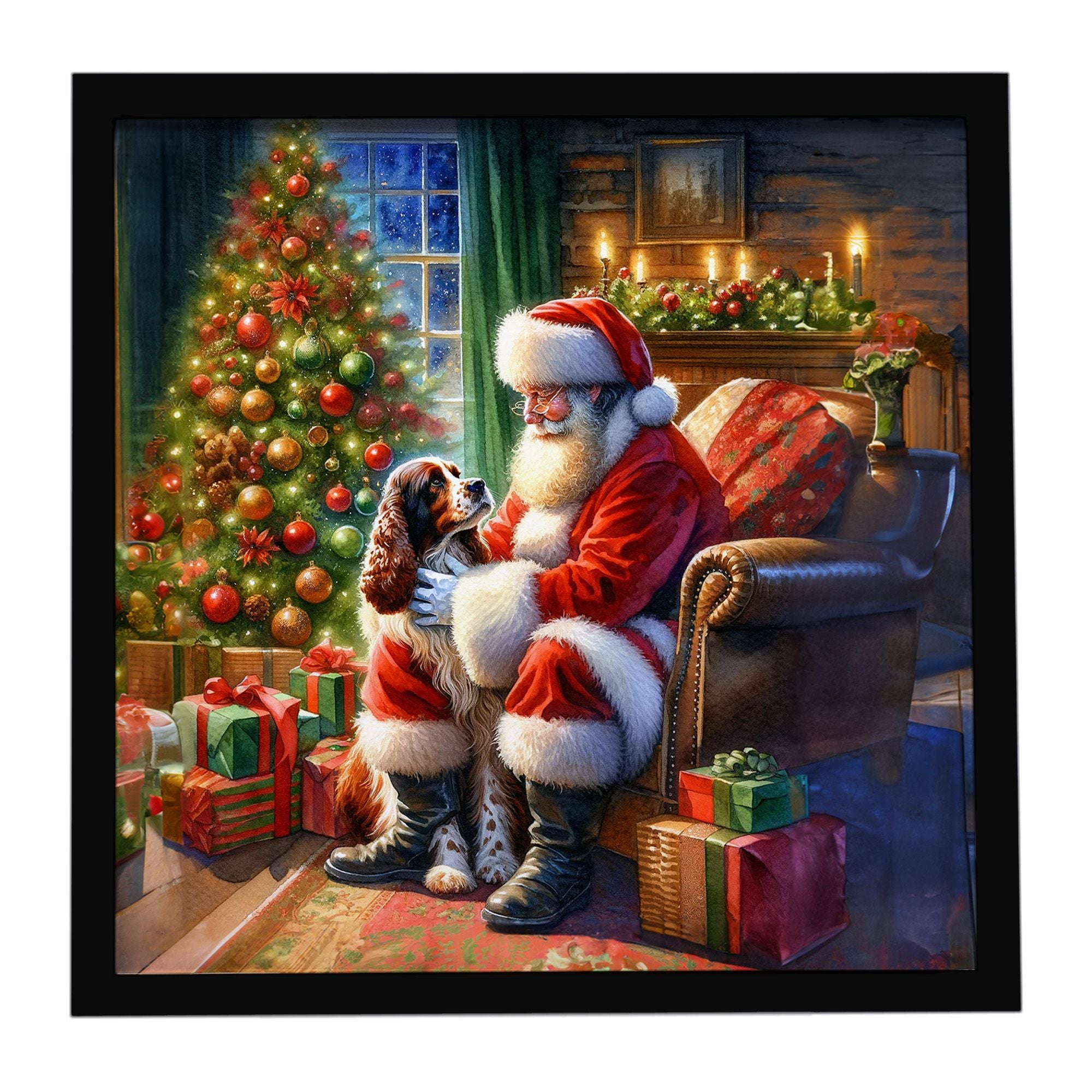 Welsh Springer Spaniel and Santa Claus Framed Metal Print Bathroom, Kitchen, Office, Home Decor Wall Art Ready to Hang, Square, 