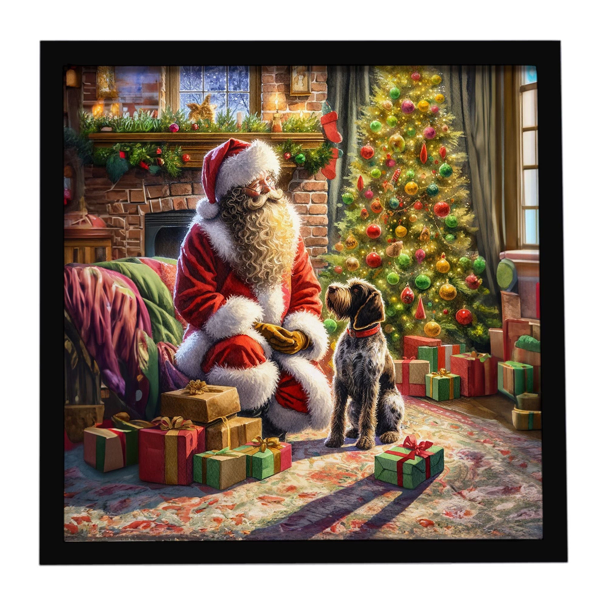 Wirehaired Pointing Griffon and Santa Claus Framed Metal Print Bathroom, Kitchen, Office, Home Decor Wall Art Ready to Hang, Squ