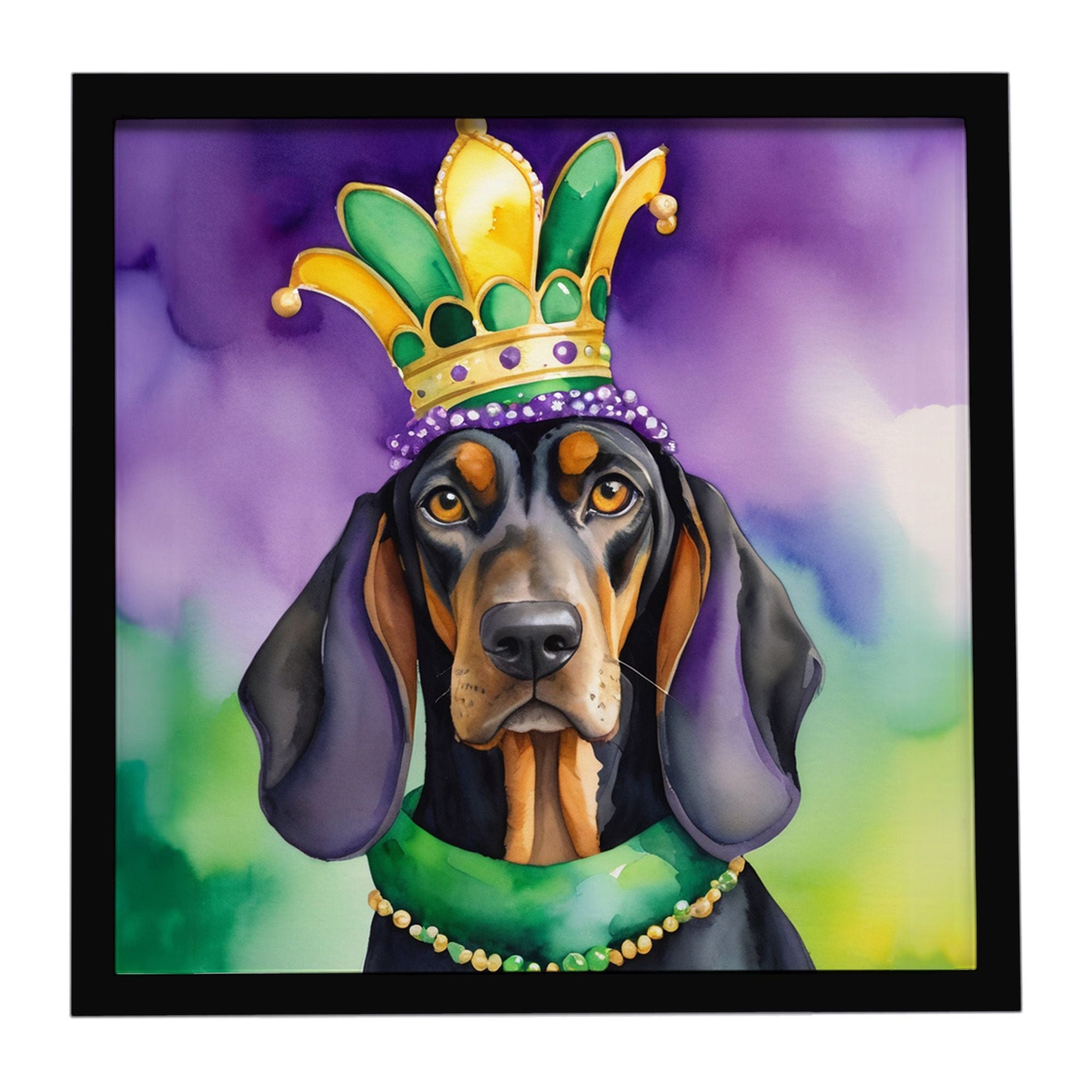 Black and Tan Coonhound King of Mardi Gras Framed Metal Print Bathroom, Kitchen, Office, Home Decor Wall Art Ready to Hang, Squa