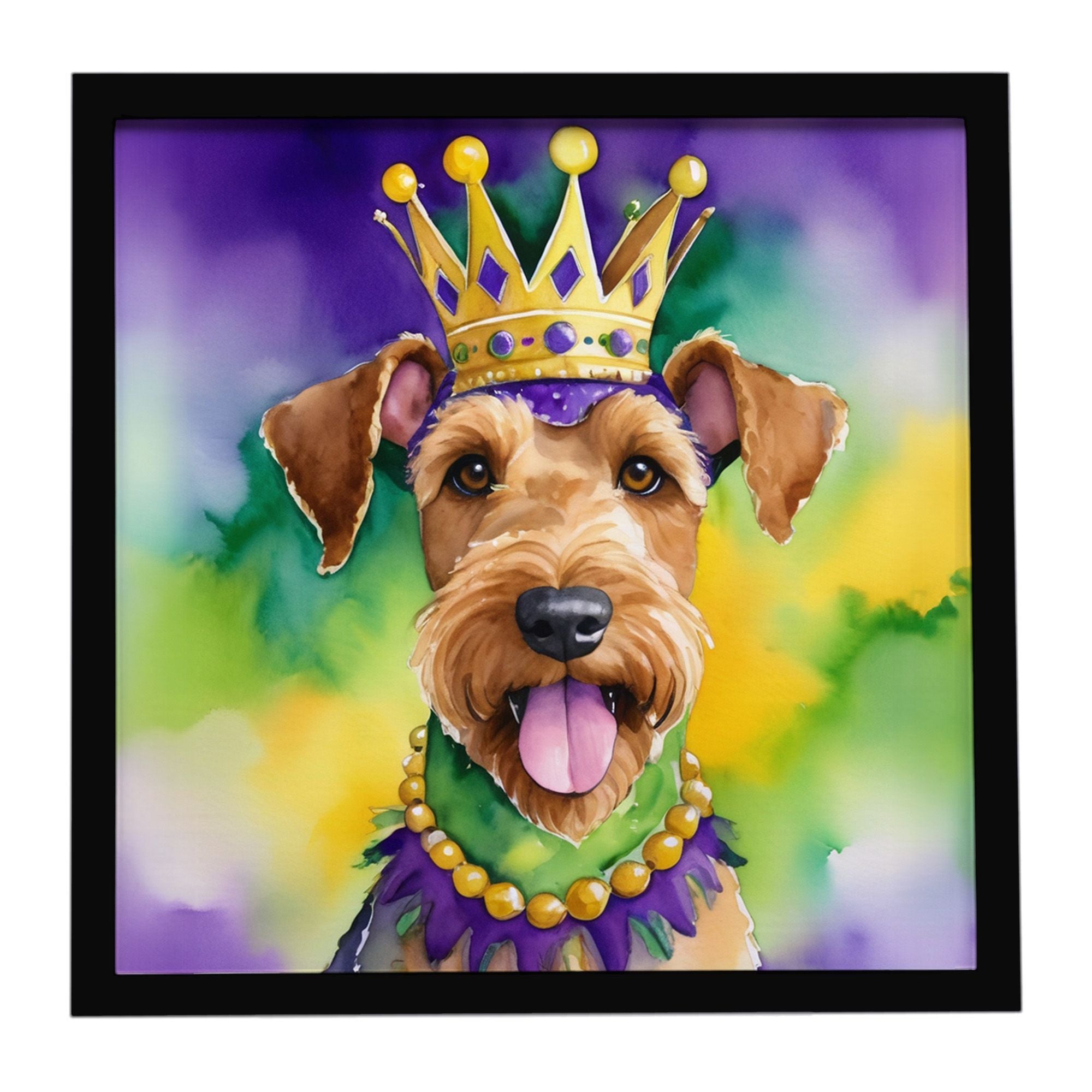Airedale Terrier King of Mardi Gras Framed Metal Print Bathroom, Kitchen, Office, Home Decor Wall Art Ready to Hang, Square, 8X8