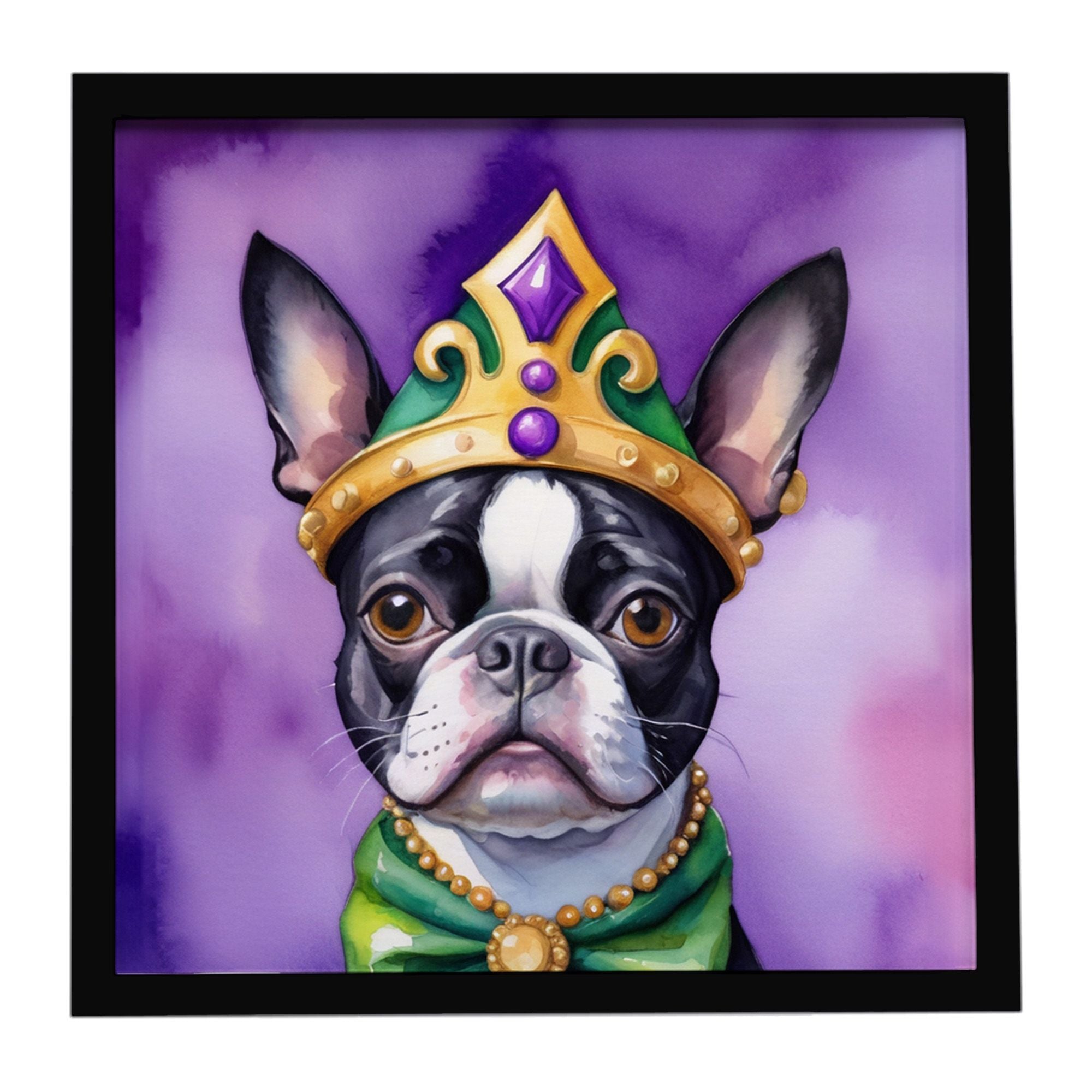 Boston Terrier King of Mardi Gras Framed Metal Print Bathroom, Kitchen, Office, Home Decor Wall Art Ready to Hang, Square, 8X8