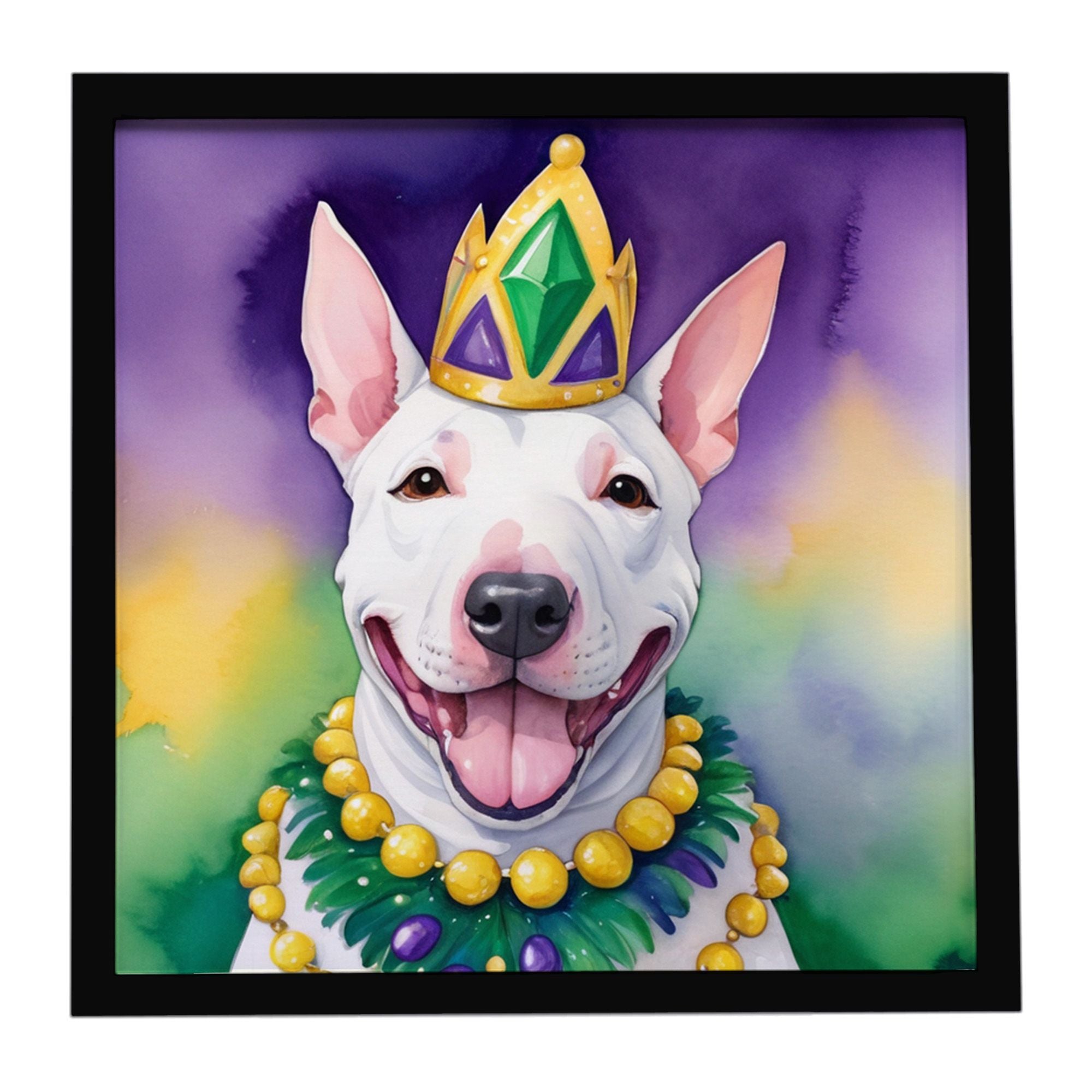 English Bull Terrier King of Mardi Gras Framed Metal Print Bathroom, Kitchen, Office, Home Decor Wall Art Ready to Hang, Square,