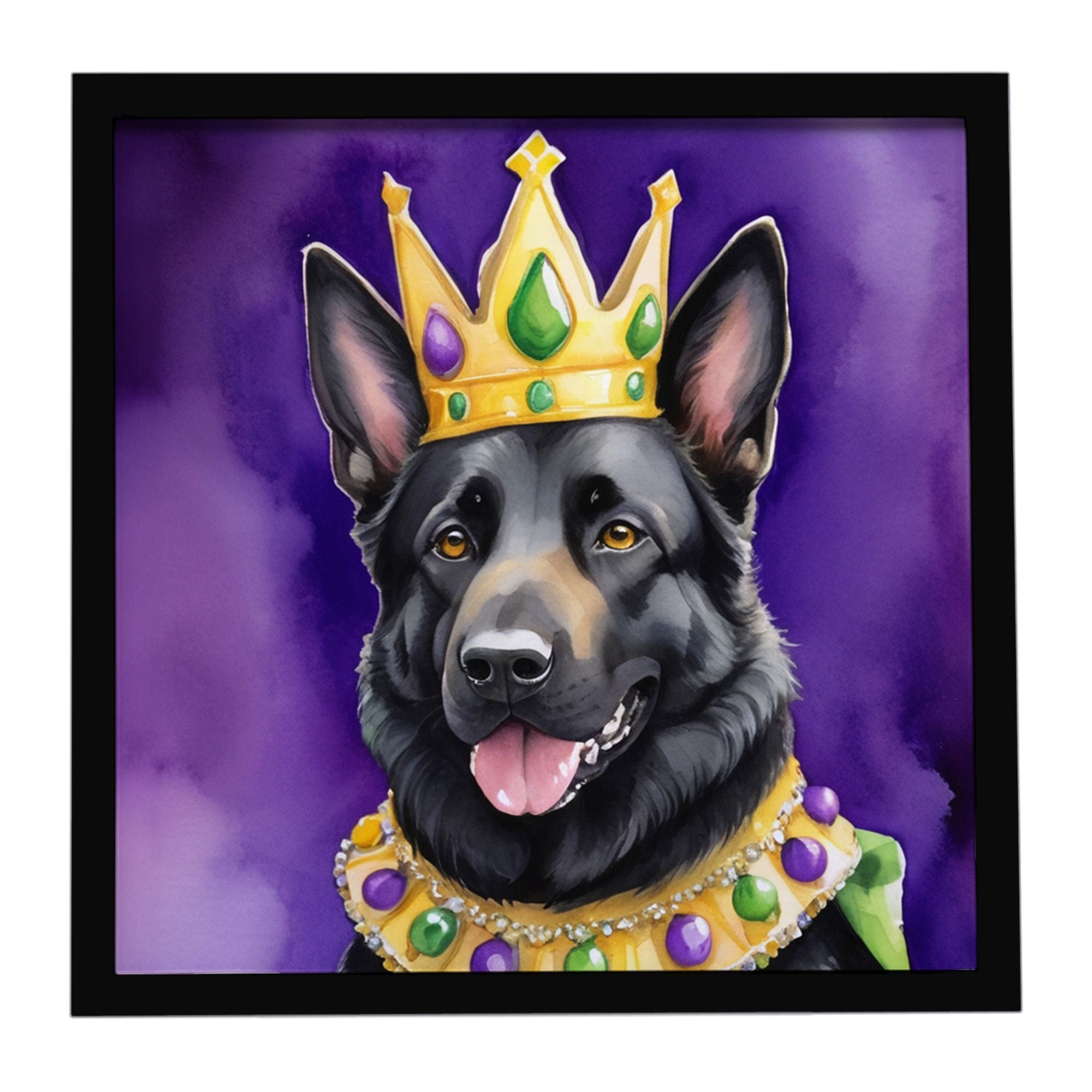Black German Shepherd King of Mardi Gras Framed Metal Print Bathroom, Kitchen, Office, Home Decor Wall Art Ready to Hang, Square