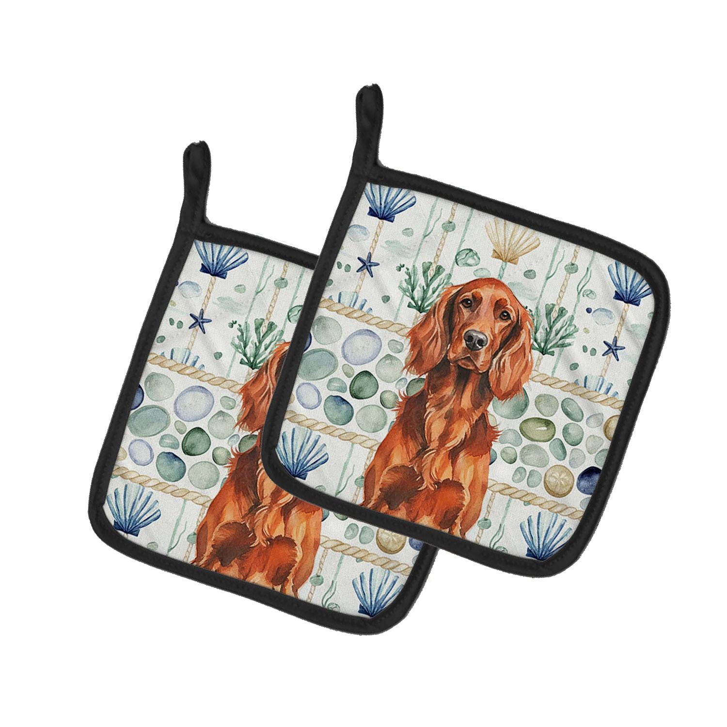 Irish Setter Coastal Sea Glass Pair of Pot Holders Pair 7.5x7.5 Quilted Insulated Hot Pads Decorative Kitchen Gift Made in USA