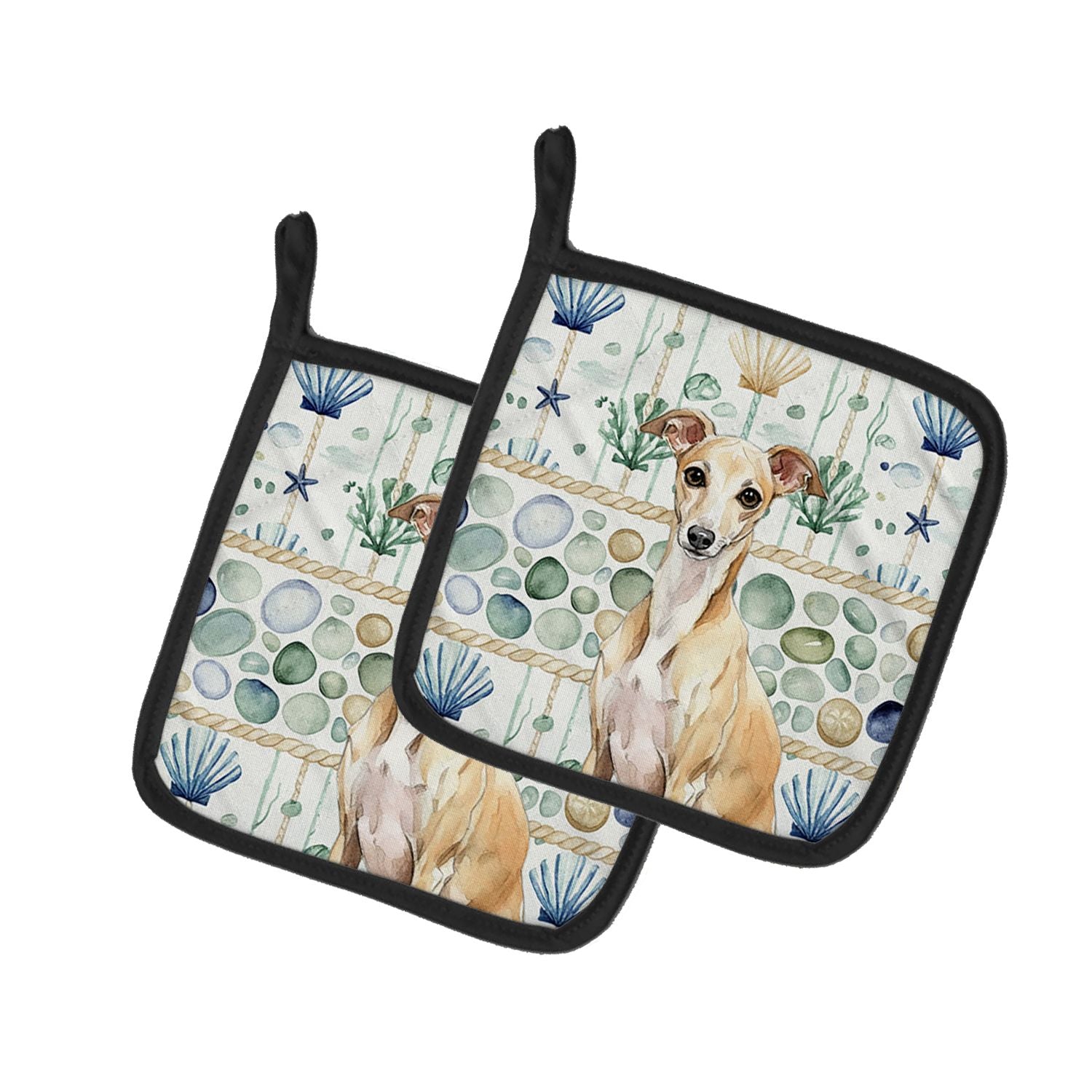 Fawn Italian Greyhound Coastal Sea Glass Pair of Pot Holders Pair 7.5x7.5 Quilted Insulated Hot Pads Decorative Kitchen Gift Mad