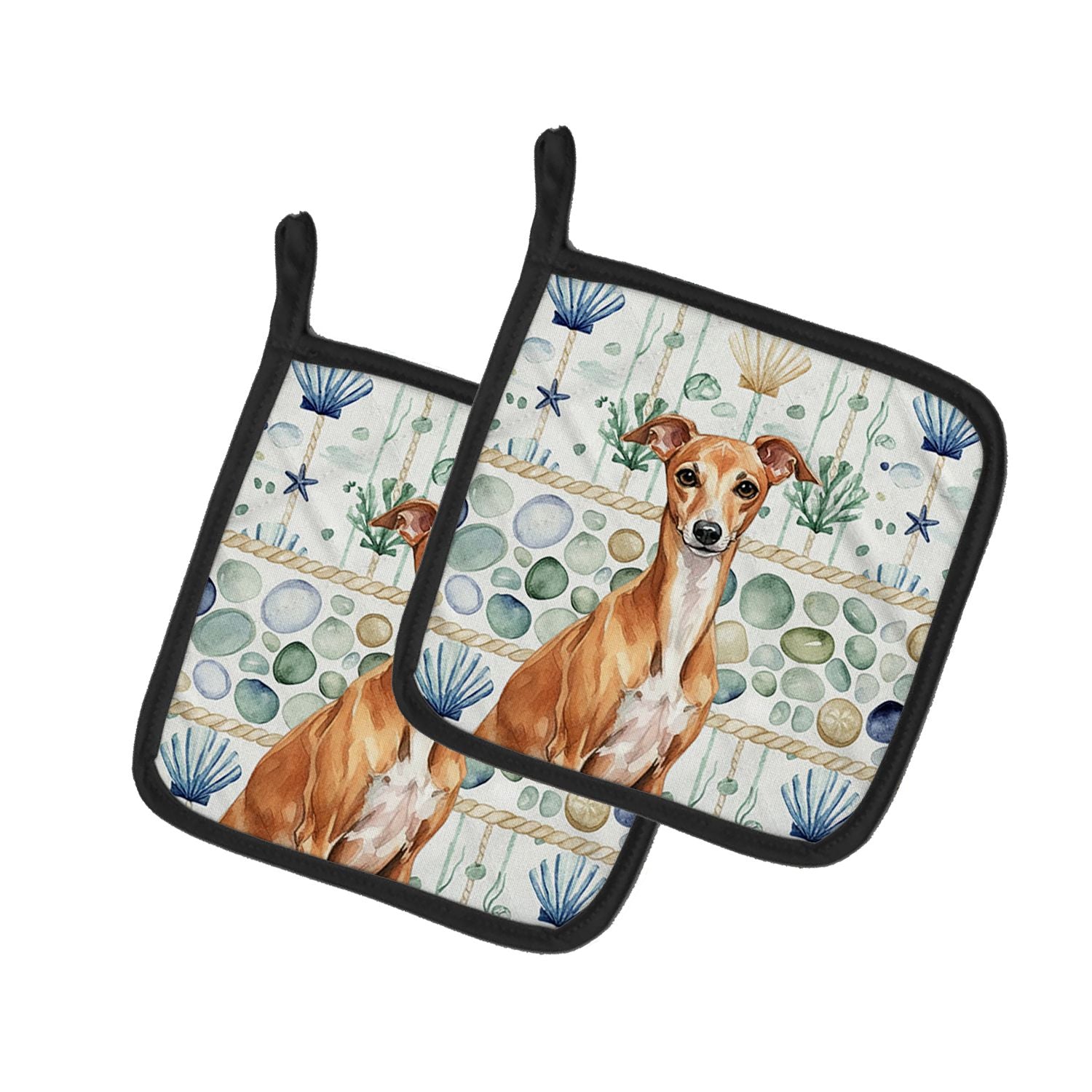 Red Italian Greyhound Coastal Sea Glass Pair of Pot Holders Pair 7.5x7.5 Quilted Insulated Hot Pads Decorative Kitchen Gift Made