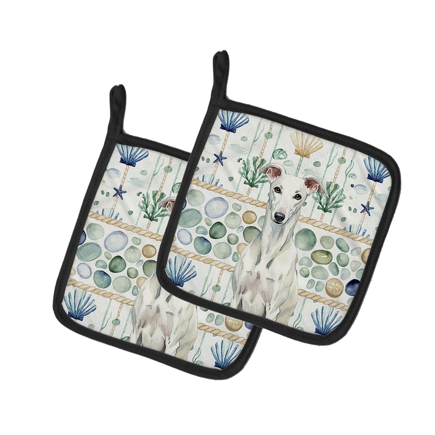 White Greyhound Coastal Sea Glass Pair of Pot Holders Pair 7.5x7.5 Quilted Insulated Hot Pads Decorative Kitchen Gift Made in US