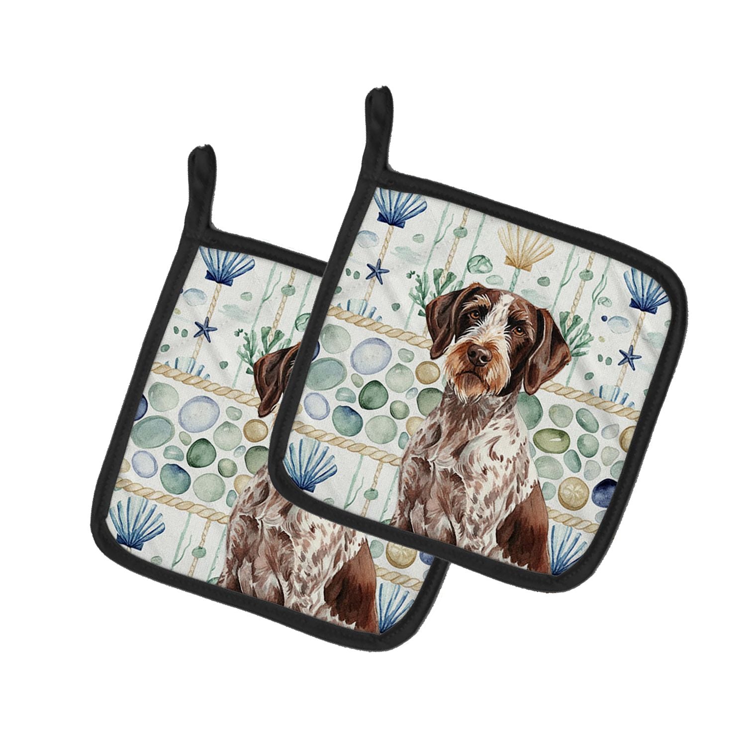 Roan German Wirehaired Pointer Coastal Sea Glass Pair of Pot Holders Pair 7.5x7.5 Quilted Insulated Hot Pads Decorative Kitchen 
