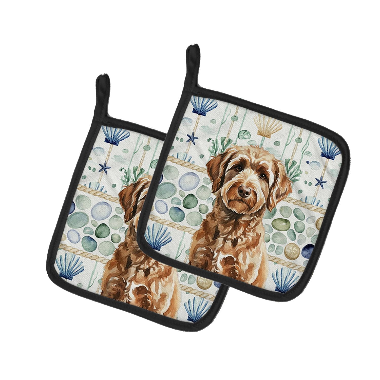 Chocolate Labradoodle Coastal Sea Glass Pair of Pot Holders Pair 7.5x7.5 Quilted Insulated Hot Pads Decorative Kitchen Gift Made