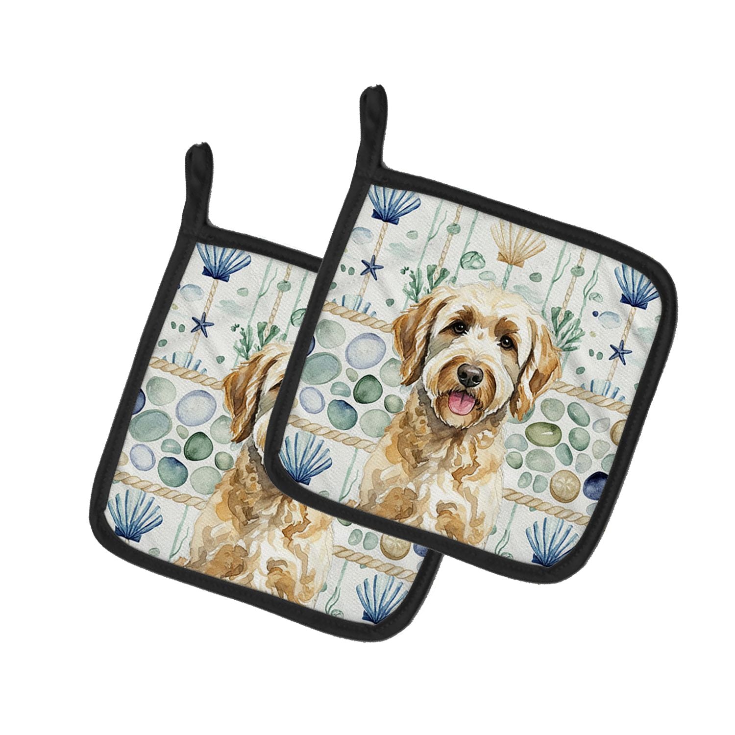 Yellow Labradoodle Coastal Sea Glass Pair of Pot Holders Pair 7.5x7.5 Quilted Insulated Hot Pads Decorative Kitchen Gift Made in