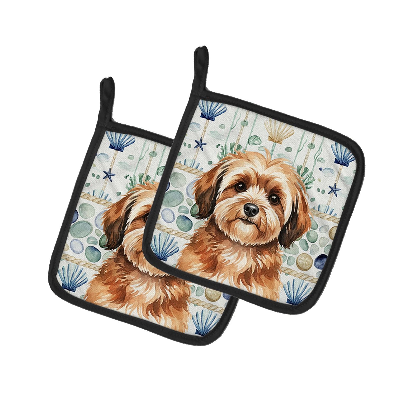 Sable Havanese Coastal Sea Glass Pair of Pot Holders Pair 7.5x7.5 Quilted Insulated Hot Pads Decorative Kitchen Gift Made in USA
