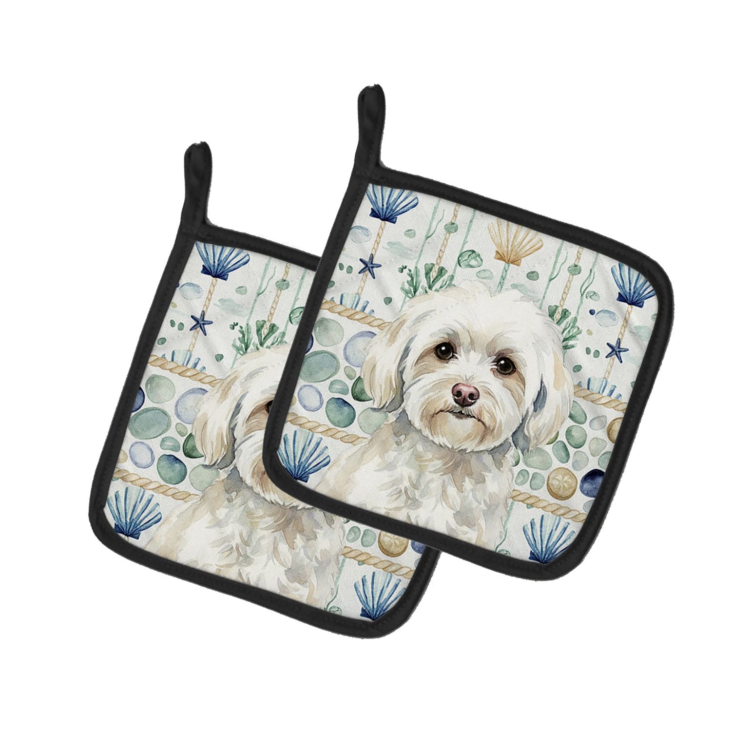 White Havanese Coastal Sea Glass Pair of Pot Holders Pair 7.5x7.5 Quilted Insulated Hot Pads Decorative Kitchen Gift Made in USA