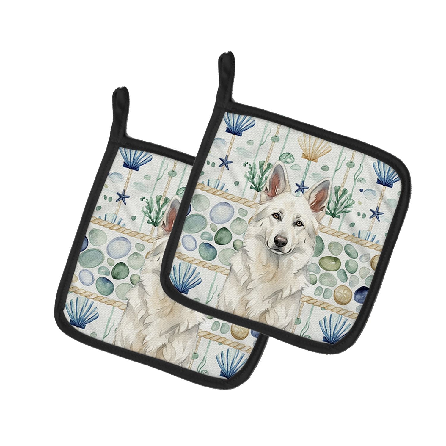 White German Shepherd Coastal Sea Glass Pair of Pot Holders Pair 7.5x7.5 Quilted Insulated Hot Pads Decorative Kitchen Gift Made