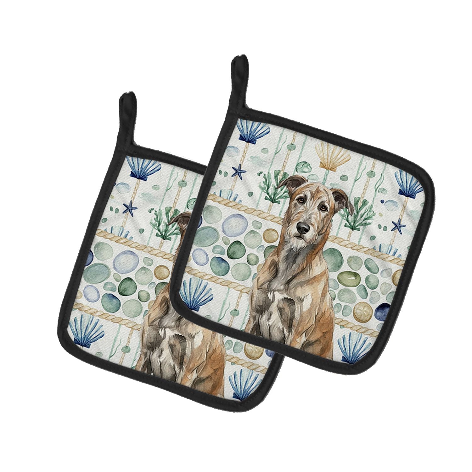 Brindle Irish Wolfhound Coastal Sea Glass Pair of Pot Holders Pair 7.5x7.5 Quilted Insulated Hot Pads Decorative Kitchen Gift Ma