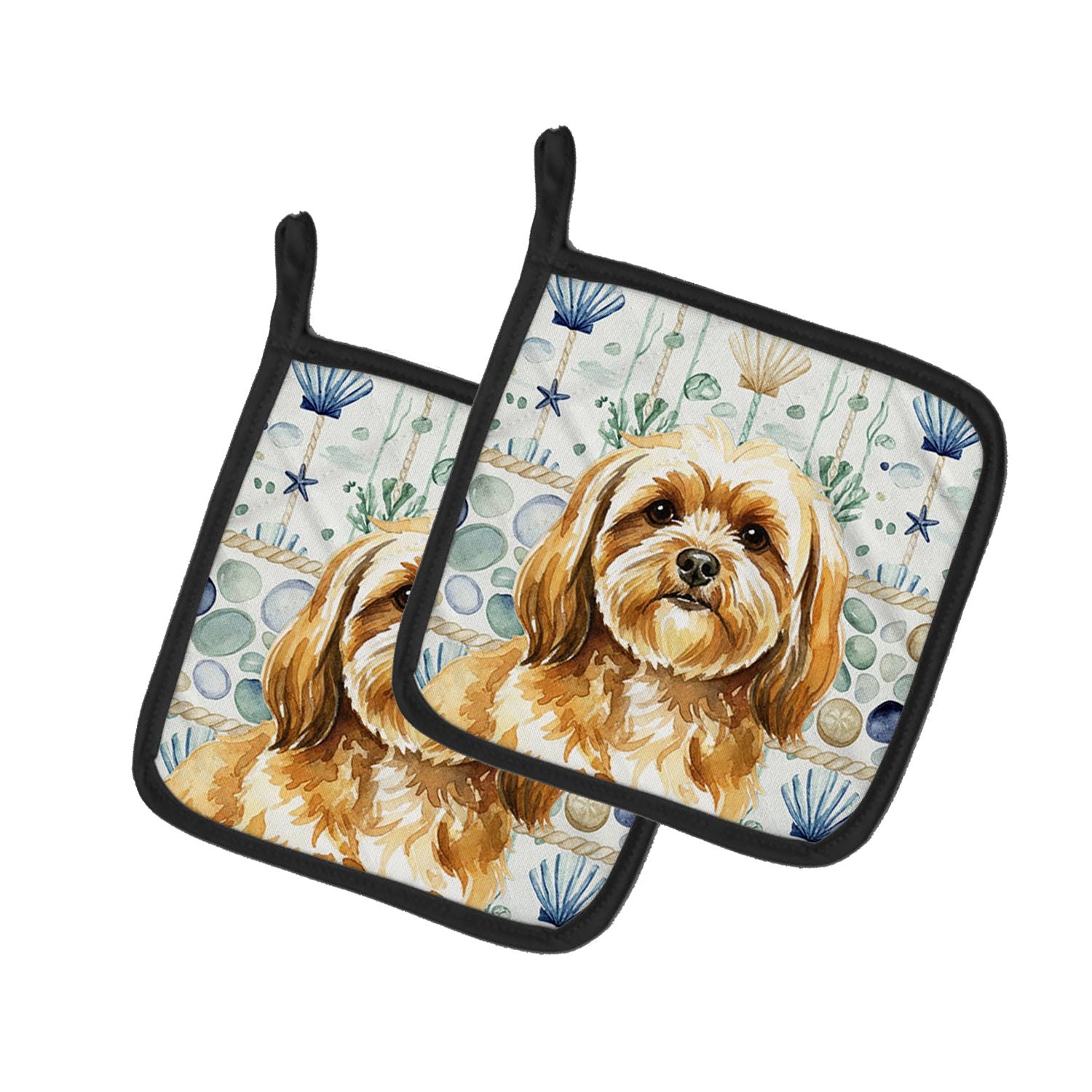 Gold Lhasa Apso Coastal Sea Glass Pair of Pot Holders Pair 7.5x7.5 Quilted Insulated Hot Pads Decorative Kitchen Gift Made in US