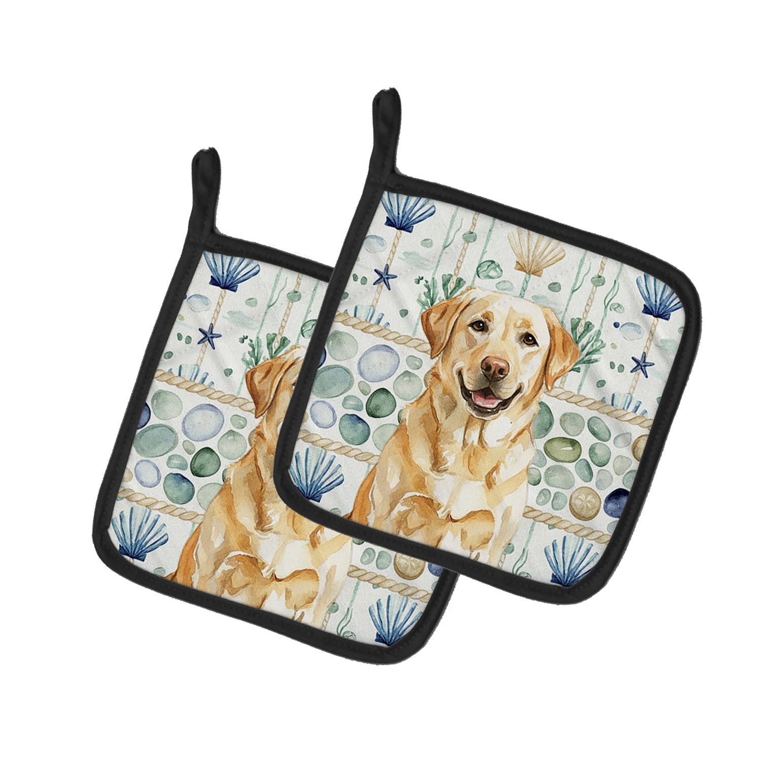 Yellow Labrador Retriever Coastal Sea Glass Pair of Pot Holders Pair 7.5x7.5 Quilted Insulated Hot Pads Decorative Kitchen Gift 