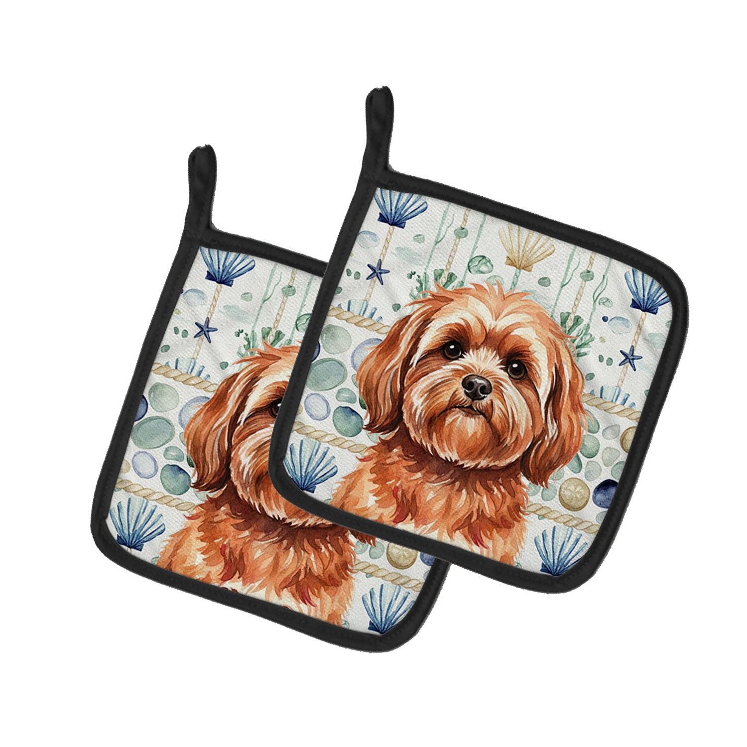 Red Lhasa Apso Coastal Sea Glass Pair of Pot Holders Pair 7.5x7.5 Quilted Insulated Hot Pads Decorative Kitchen Gift Made in USA