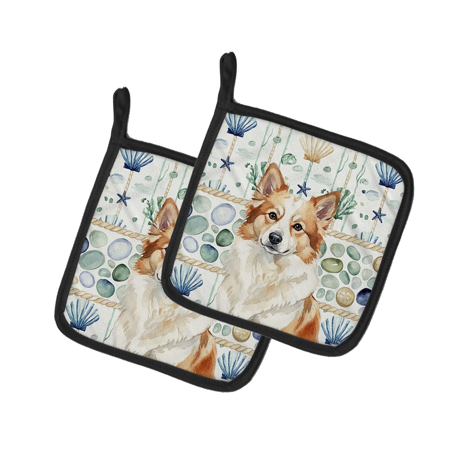 Tan Icelandic Sheepdog Coastal Sea Glass Pair of Pot Holders Pair 7.5x7.5 Quilted Insulated Hot Pads Decorative Kitchen Gift Mad