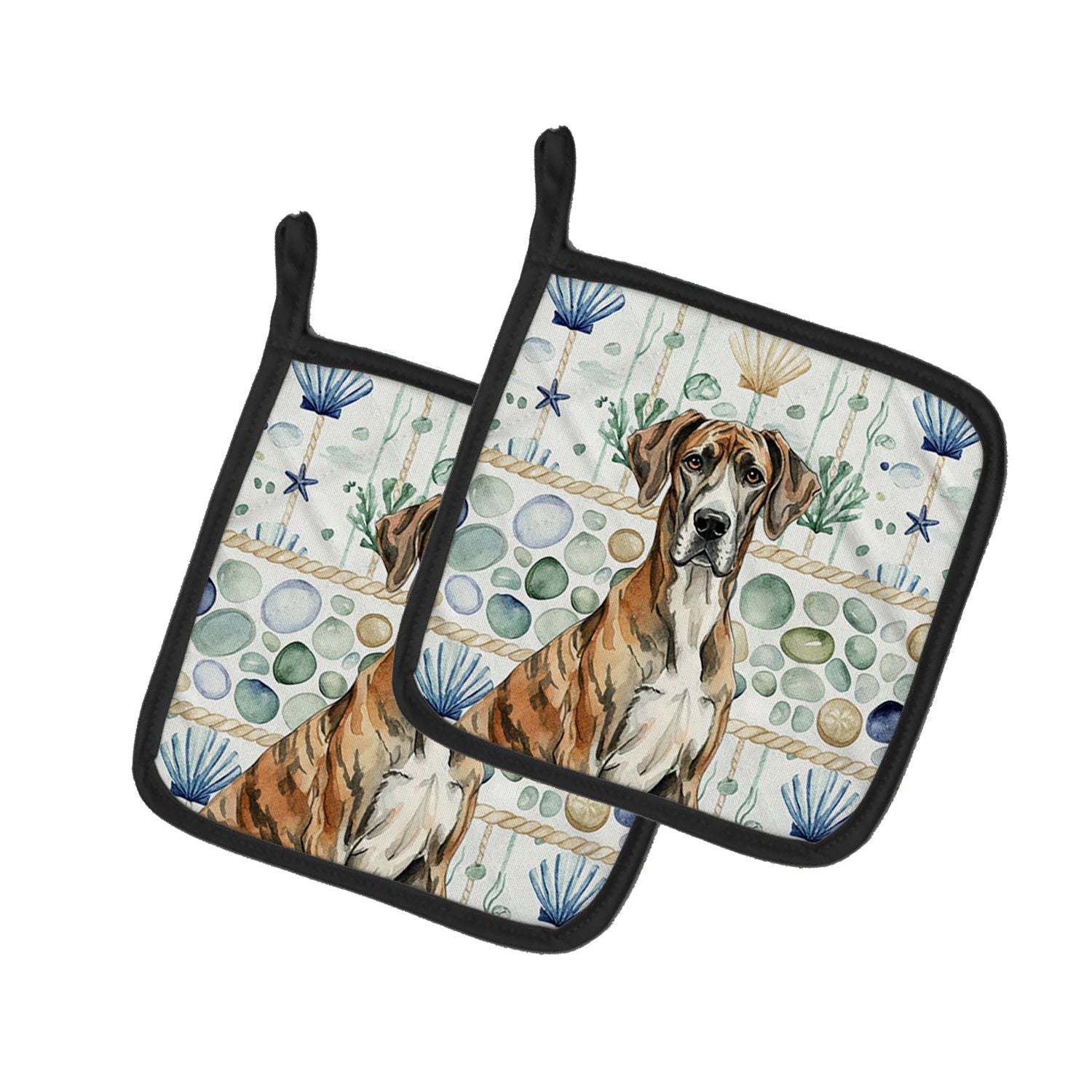 Brindle Great Dane Coastal Sea Glass Pair of Pot Holders Pair 7.5x7.5 Quilted Insulated Hot Pads Decorative Kitchen Gift Made in