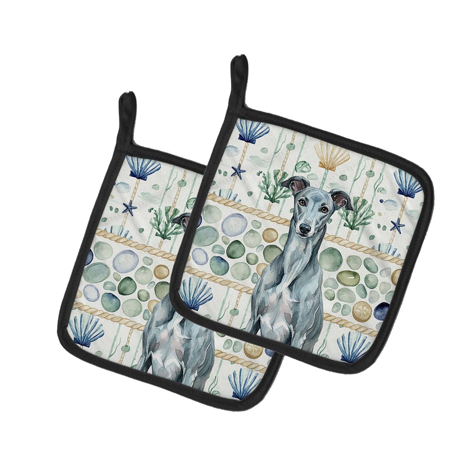 Blue Brindle Greyhound Coastal Sea Glass Pair of Pot Holders Pair 7.5x7.5 Quilted Insulated Hot Pads Decorative Kitchen Gift Mad