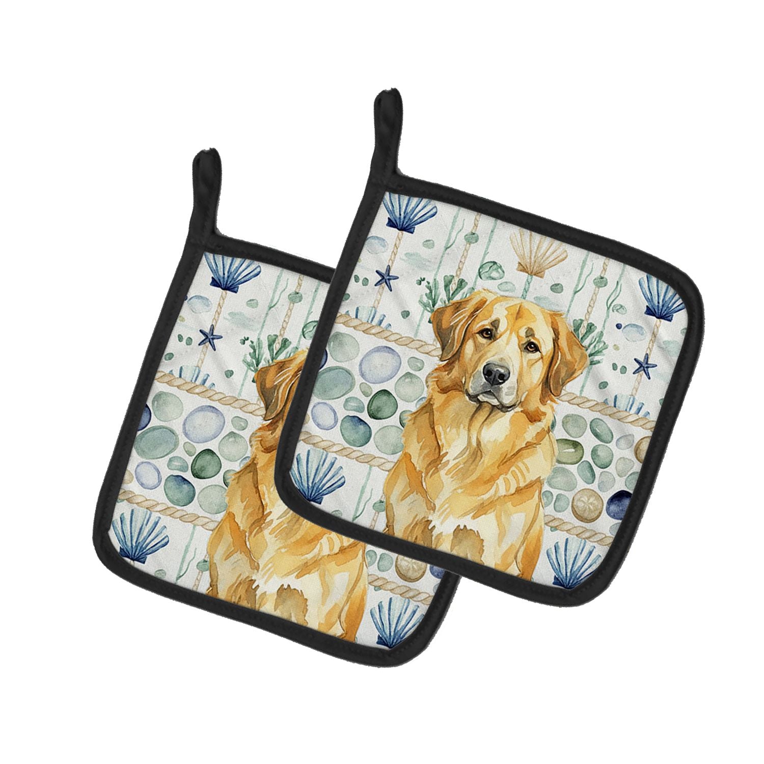 Lion Yellow Leonberger Coastal Sea Glass Pair of Pot Holders Pair 7.5x7.5 Quilted Insulated Hot Pads Decorative Kitchen Gift Mad