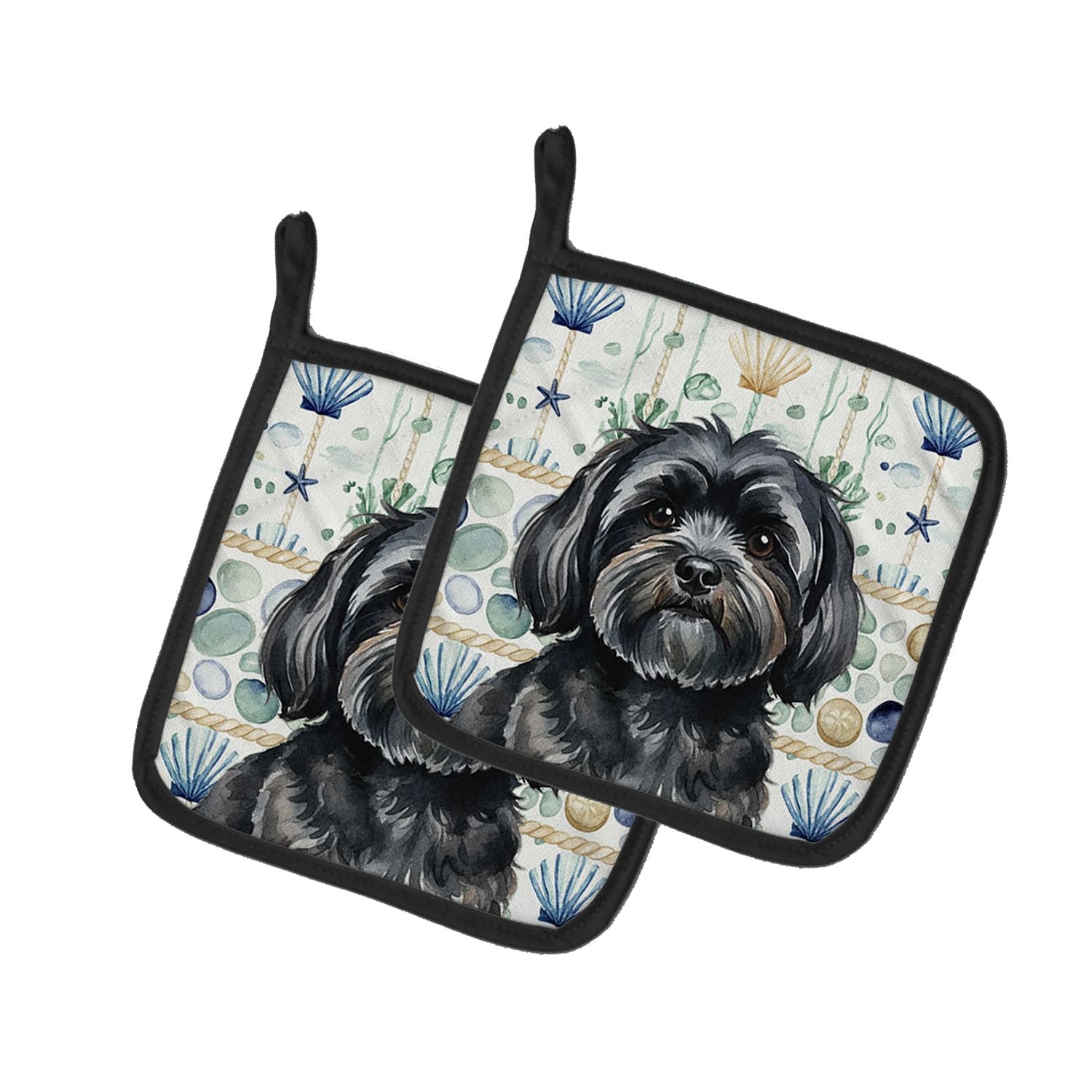 Black Lhasa Apso Coastal Sea Glass Pair of Pot Holders Pair 7.5x7.5 Quilted Insulated Hot Pads Decorative Kitchen Gift Made in U