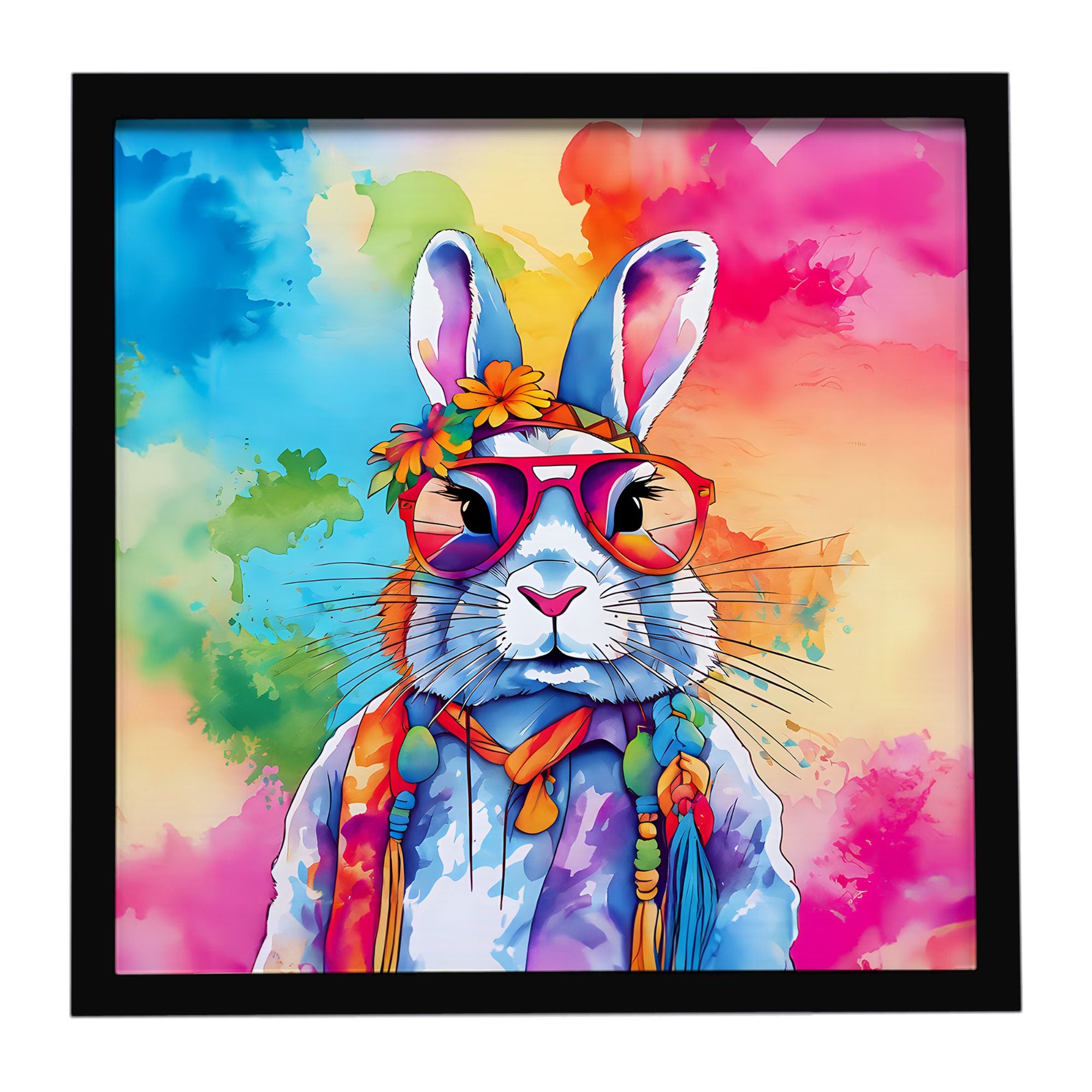 Hippie Animal Rabbit Framed Metal Print Bathroom, Kitchen, Office, Home Decor Wall Art Ready to Hang, Square, 8X8