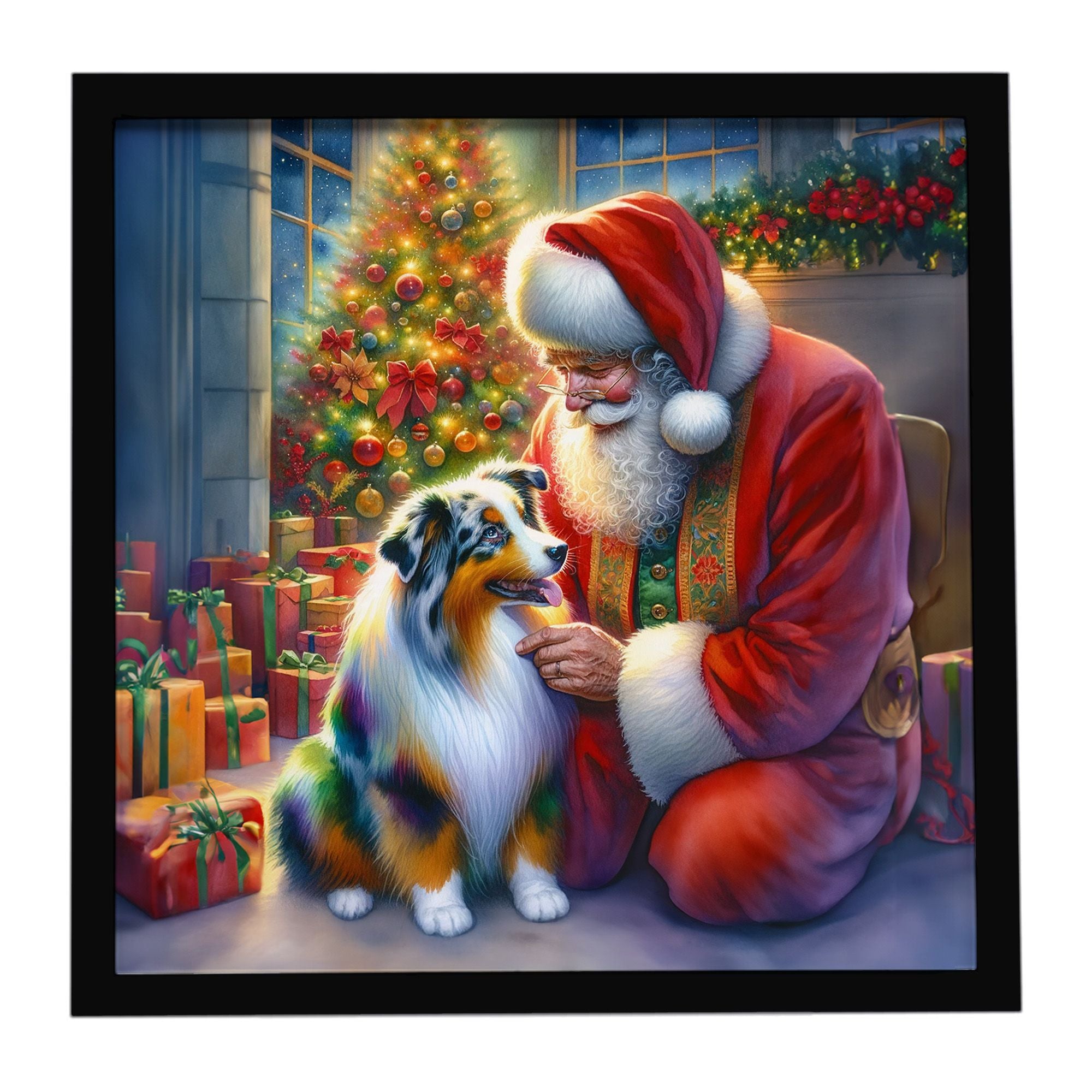 Australian Shepherd and Santa Claus Framed Metal Print Bathroom, Kitchen, Office, Home Decor Wall Art Ready to Hang, Square, 8X8