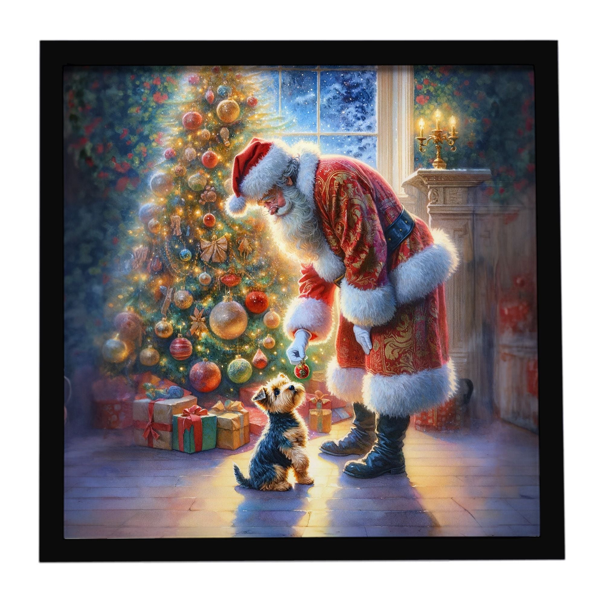 Australian Terrier and Santa Claus Framed Metal Print Bathroom, Kitchen, Office, Home Decor Wall Art Ready to Hang, Square, 8X8