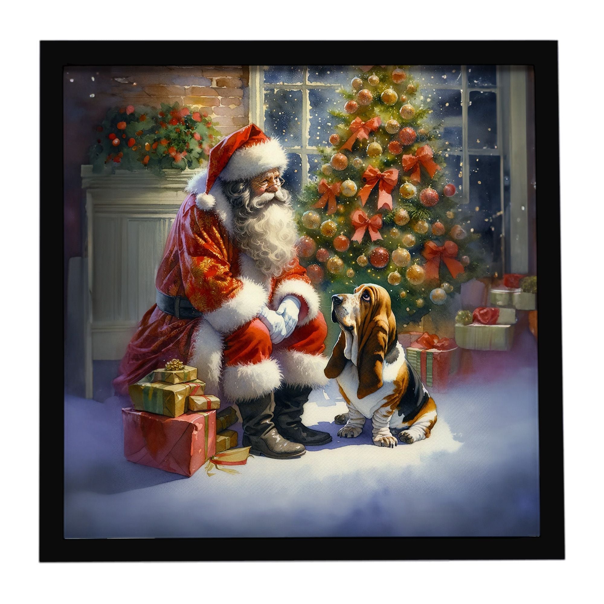 Basset Hound and Santa Claus Framed Metal Print Bathroom, Kitchen, Office, Home Decor Wall Art Ready to Hang, Square, 8X8