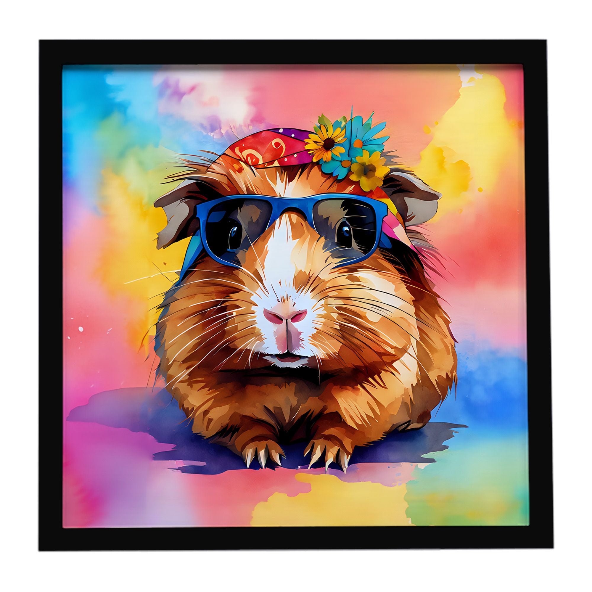 Hippie Animal Guinea Pig Framed Metal Print Bathroom, Kitchen, Office, Home Decor Wall Art Ready to Hang, Square, 8X8