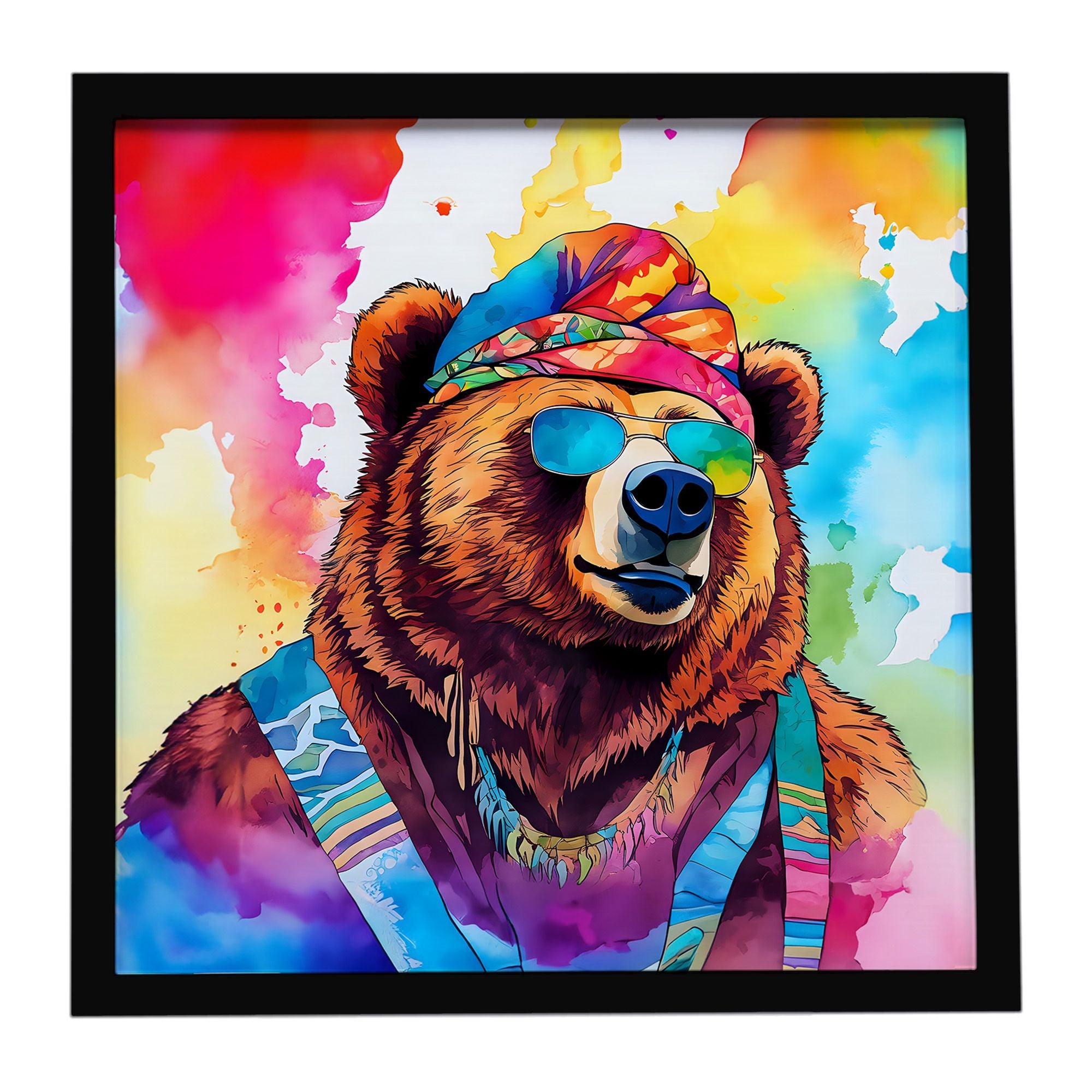 Hippie Animal Grizzly Bear Framed Metal Print Bathroom, Kitchen, Office, Home Decor Wall Art Ready to Hang, Square, 8X8