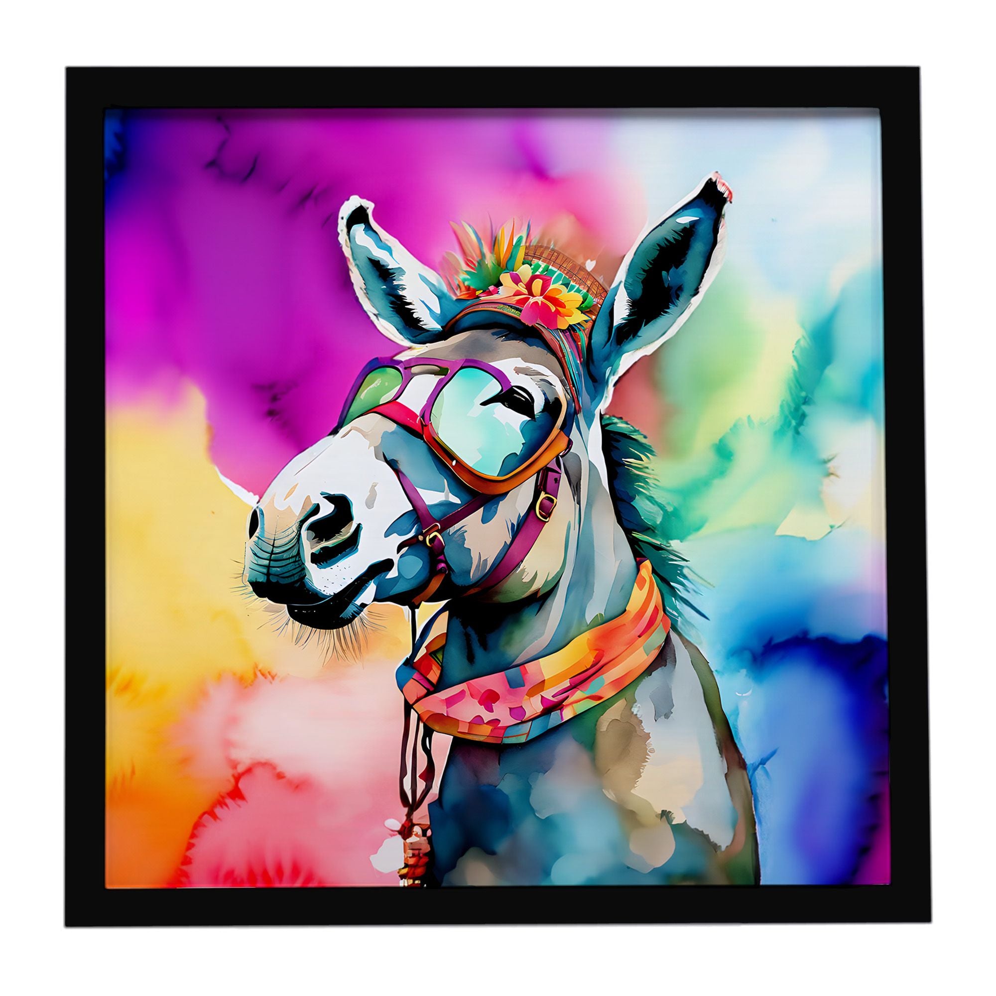 Hippie Animal Donkey Framed Metal Print Bathroom, Kitchen, Office, Home Decor Wall Art Ready to Hang, Square, 8X8