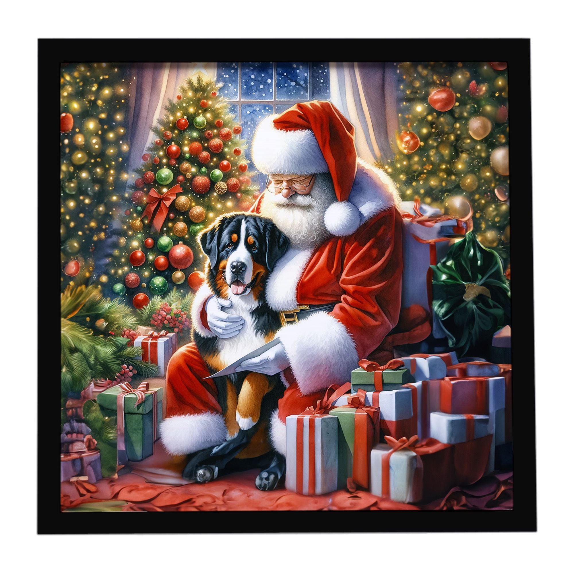 Greater Swiss Mountain Dog and Santa Claus Framed Metal Print Bathroom, Kitchen, Office, Home Decor Wall Art Ready to Hang, Squa