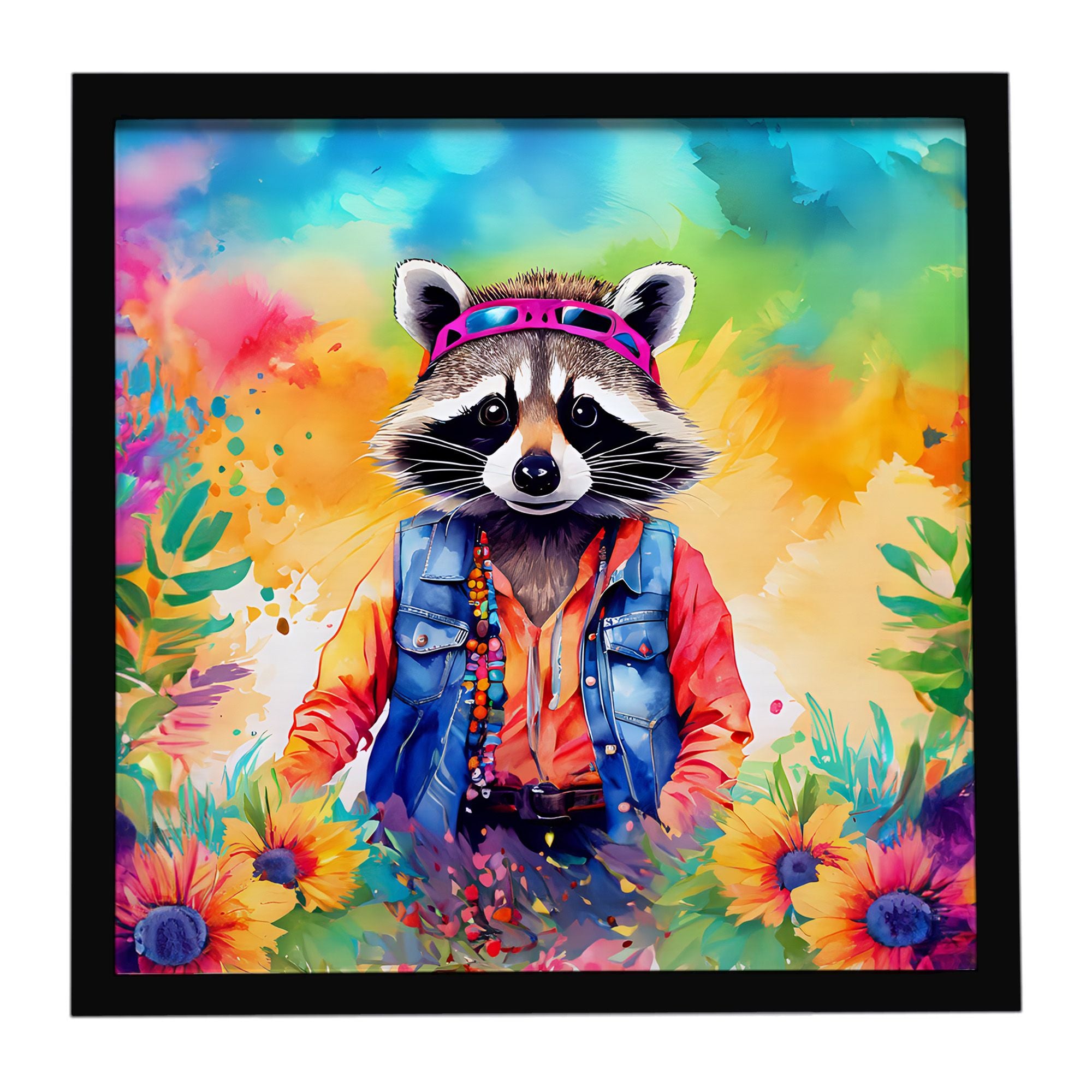 Hippie Animal Raccoon Framed Metal Print Bathroom, Kitchen, Office, Home Decor Wall Art Ready to Hang, Square, 8X8