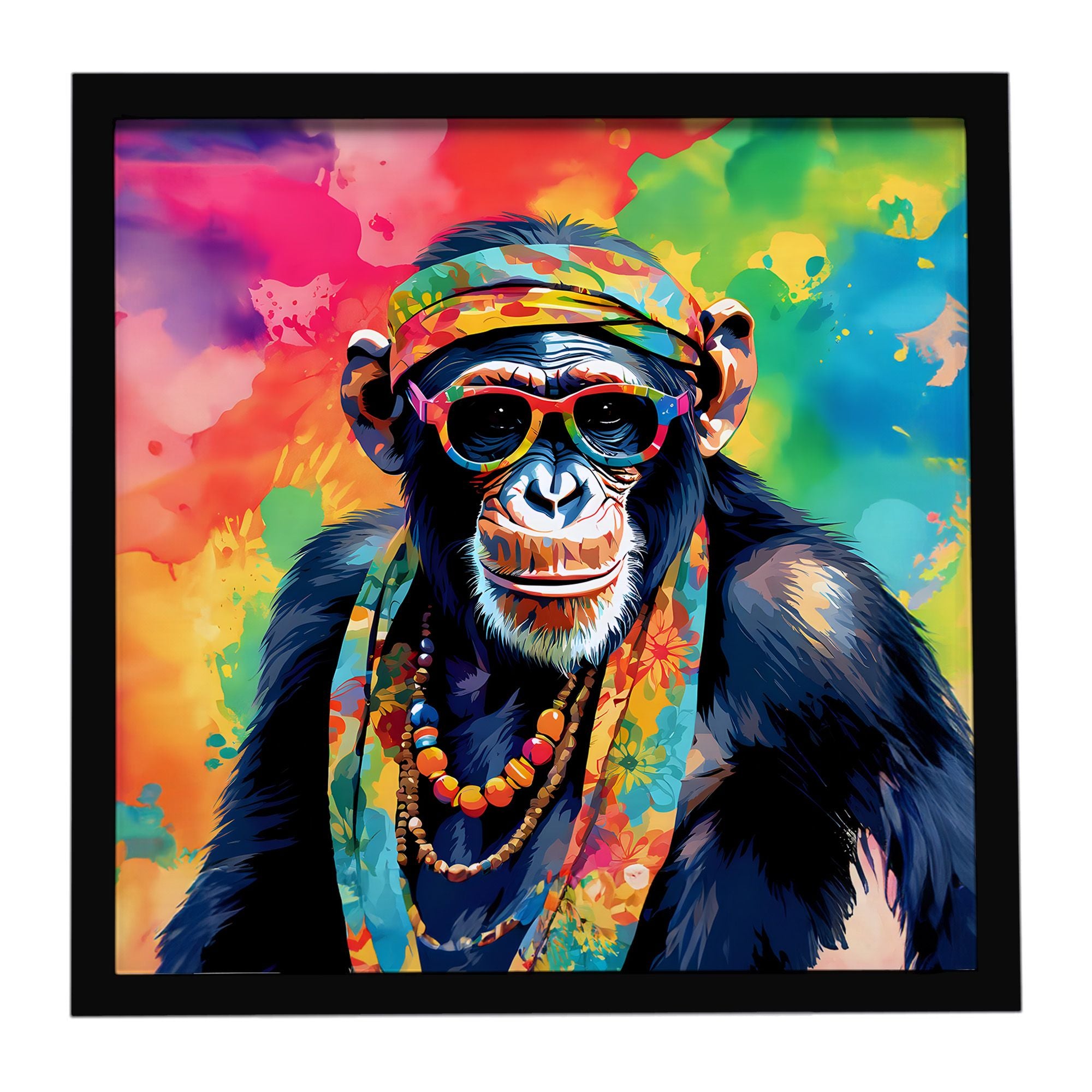 Hippie Animal Chimpanzee Framed Metal Print Bathroom, Kitchen, Office, Home Decor Wall Art Ready to Hang, Square, 8X8