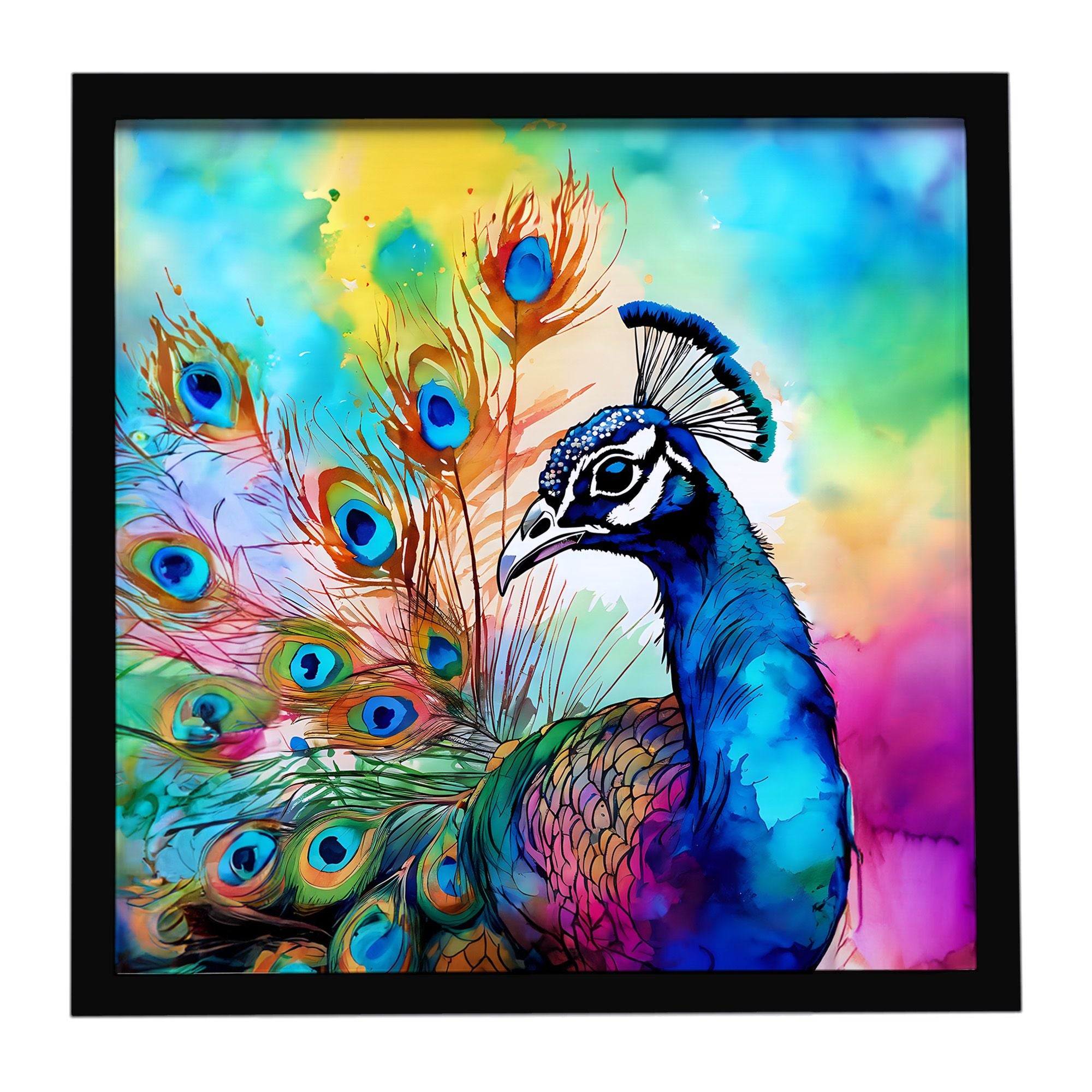 Hippie Animal Peacock Framed Metal Print Bathroom, Kitchen, Office, Home Decor Wall Art Ready to Hang, Square, 8X8