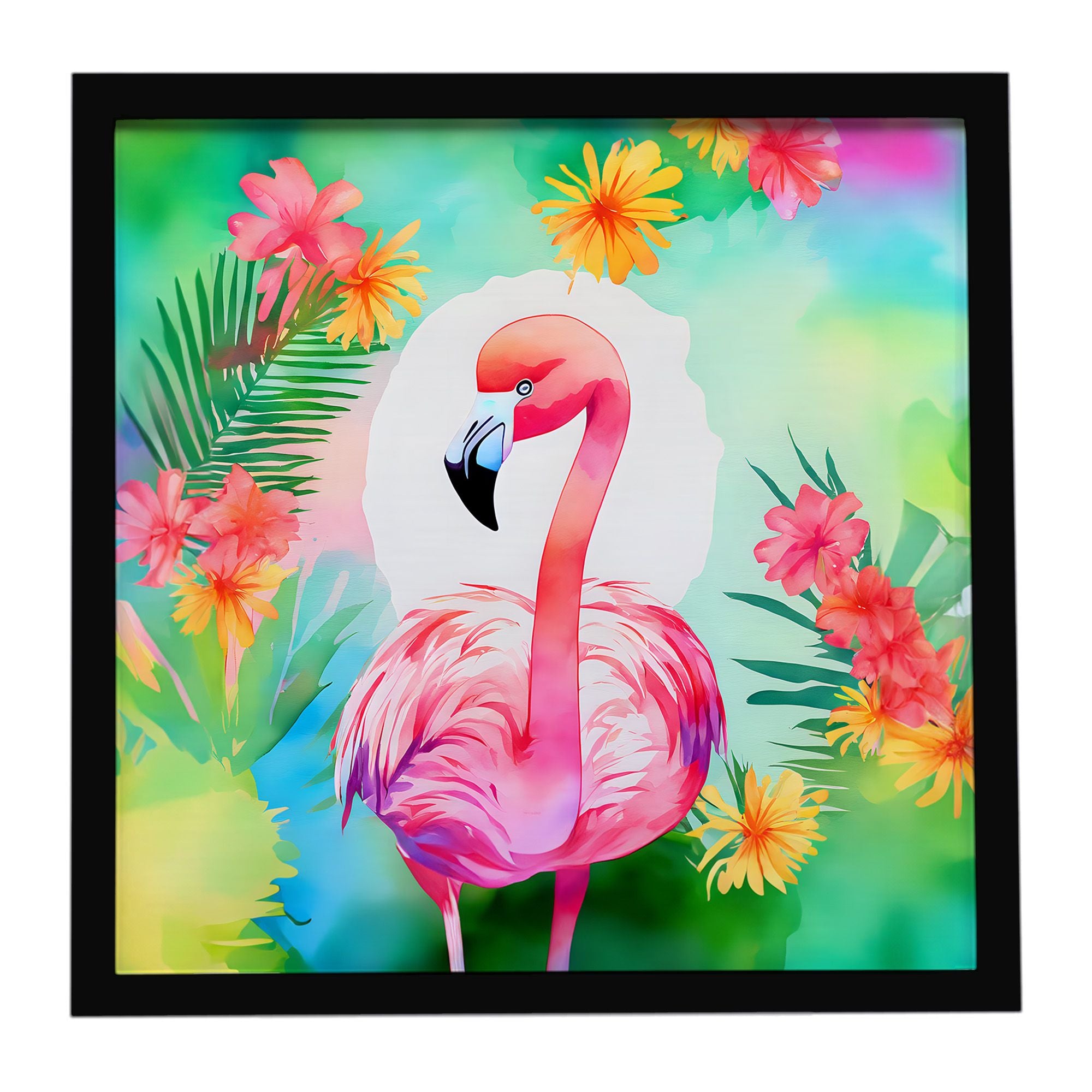 Hippie Animal Flamingo Framed Metal Print Bathroom, Kitchen, Office, Home Decor Wall Art Ready to Hang, Square, 8X8