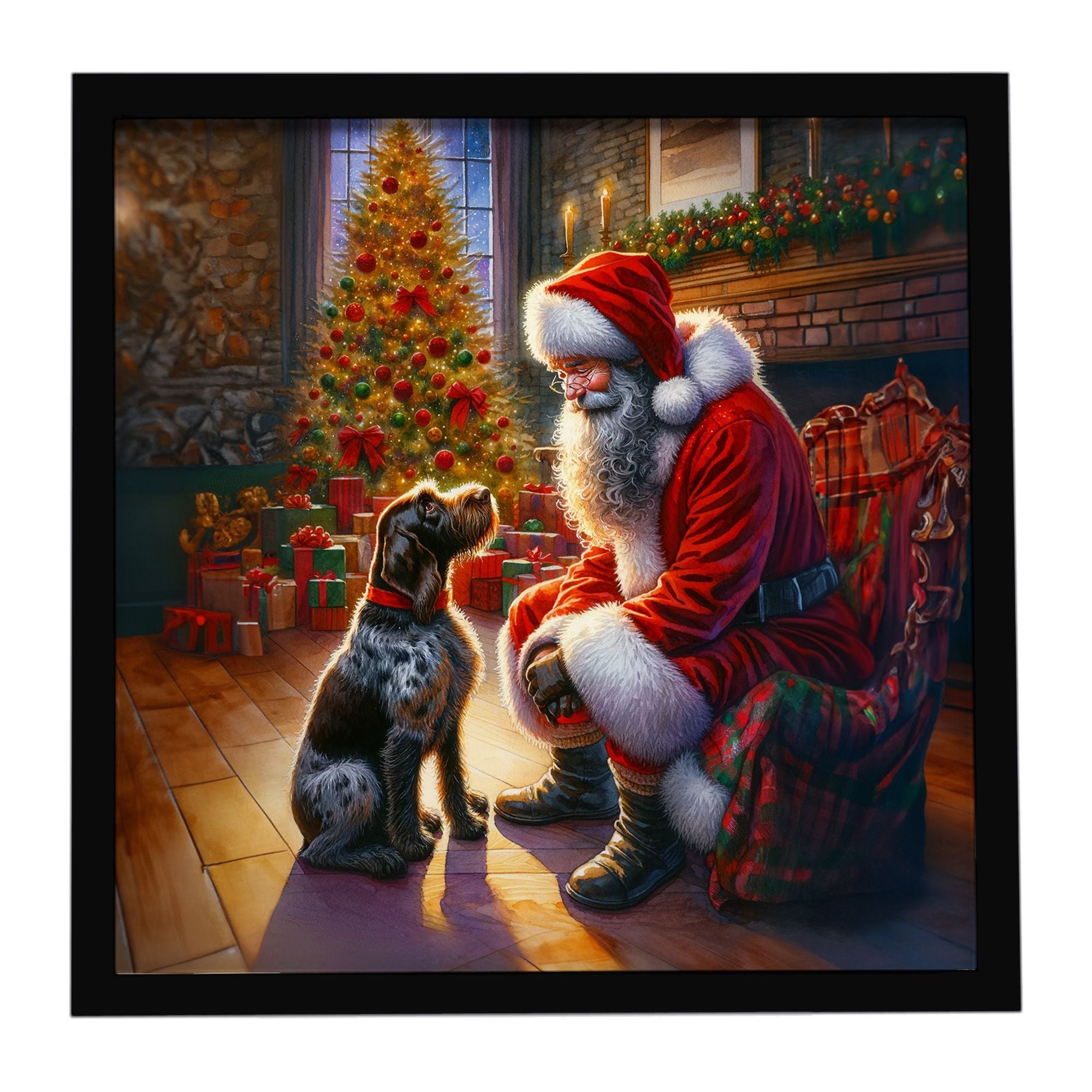 German Wirehaired Pointer and Santa Claus Framed Metal Print Bathroom, Kitchen, Office, Home Decor Wall Art Ready to Hang, Squar