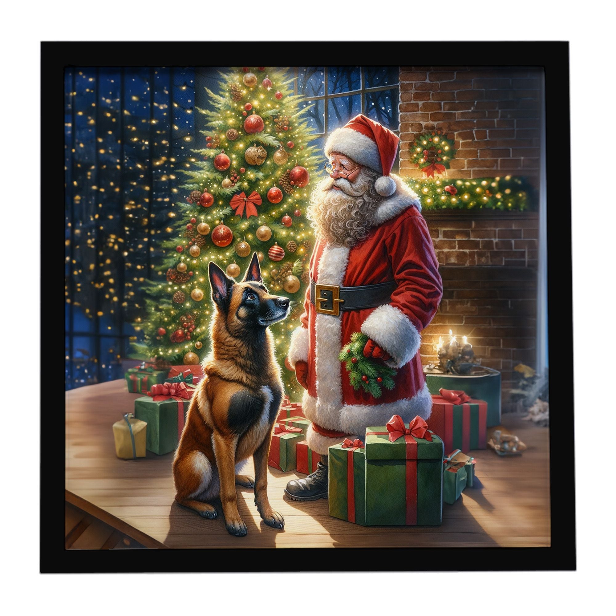 Belgian Malinois and Santa Claus Framed Metal Print Bathroom, Kitchen, Office, Home Decor Wall Art Ready to Hang, Square, 8X8