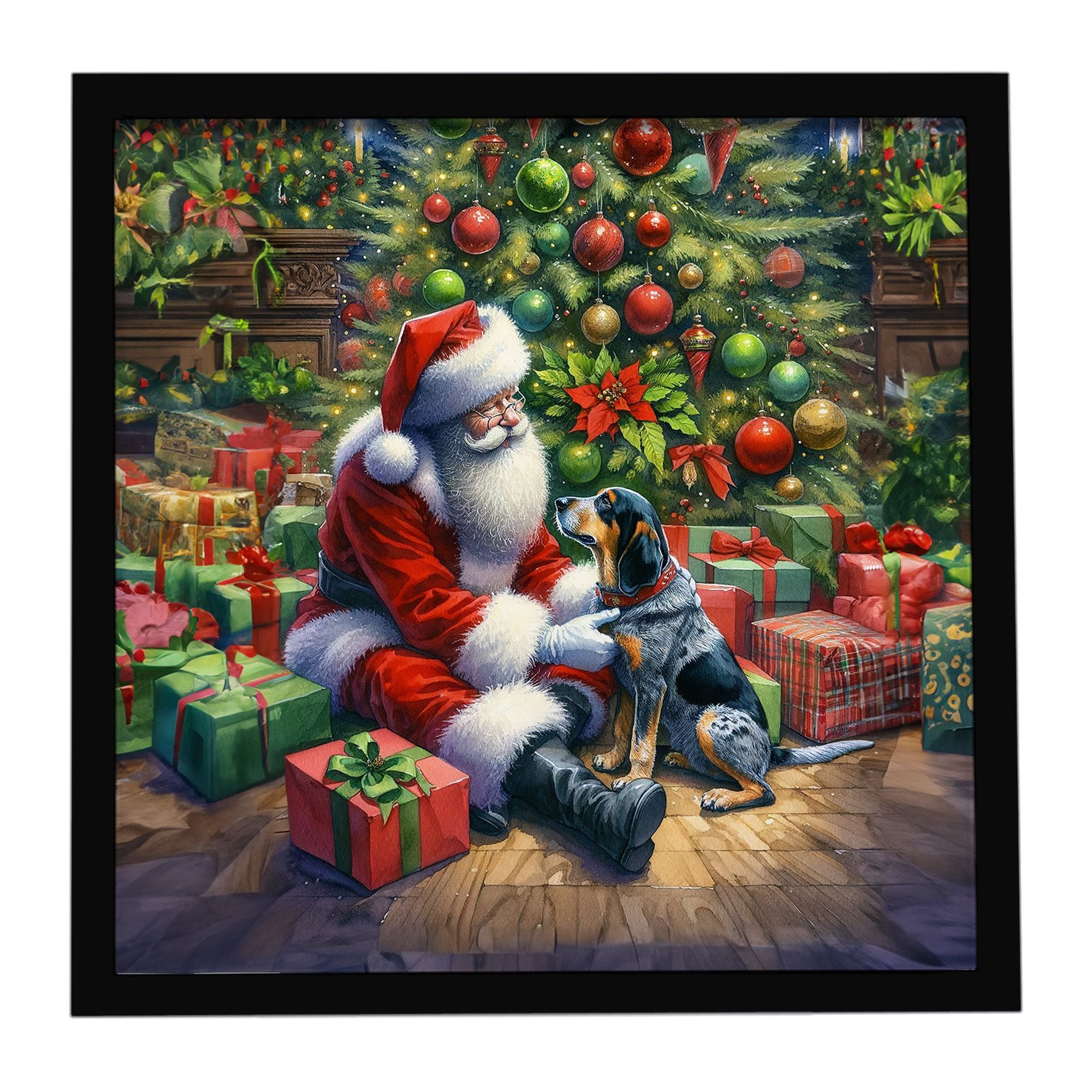 Bluetick Hound and Santa Claus Framed Metal Print Bathroom, Kitchen, Office, Home Decor Wall Art Ready to Hang, Square, 8X8