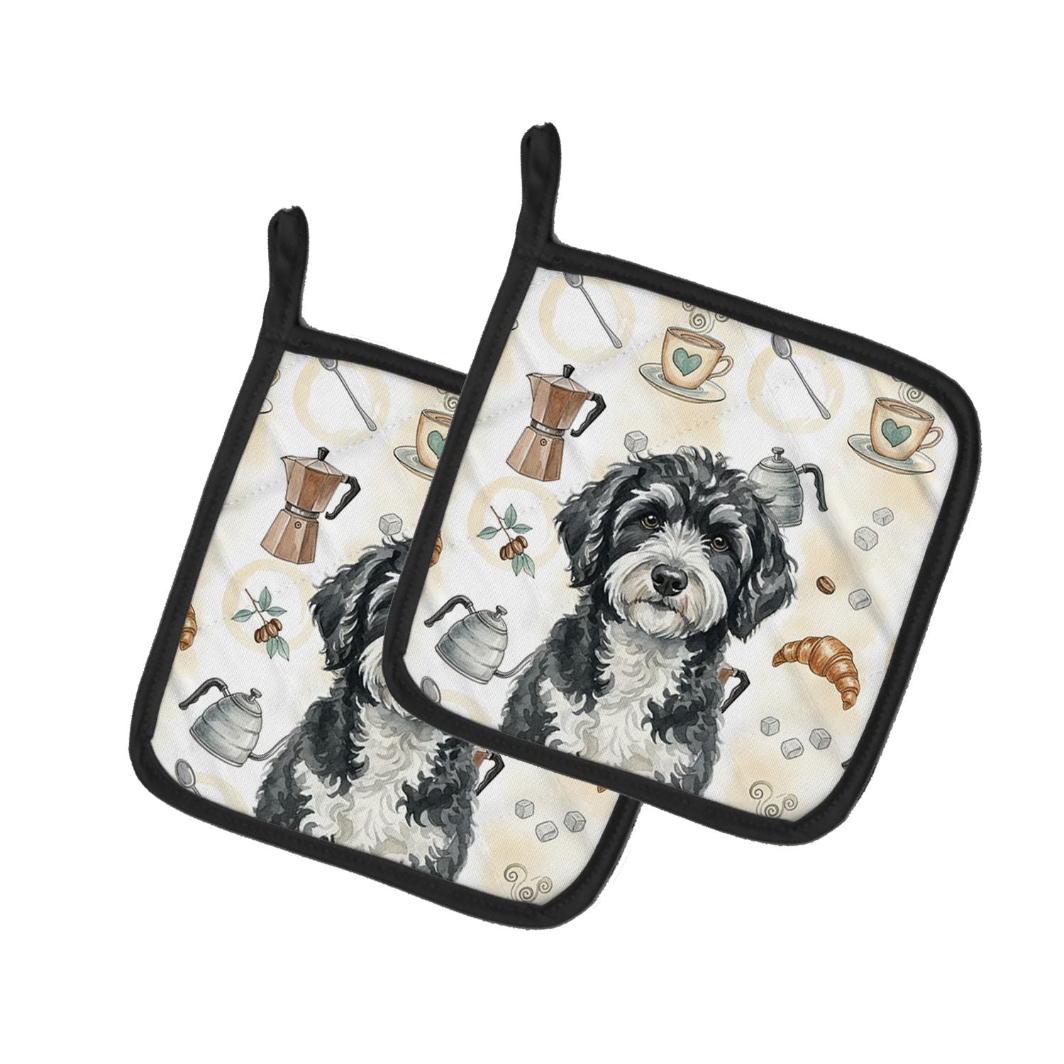 Portuguese Water Dog Coffee Bar Pair of Pot Holders Pair 7.5x7.5 Quilted Insulated Hot Pads Decorative Kitchen Gift Made in USA