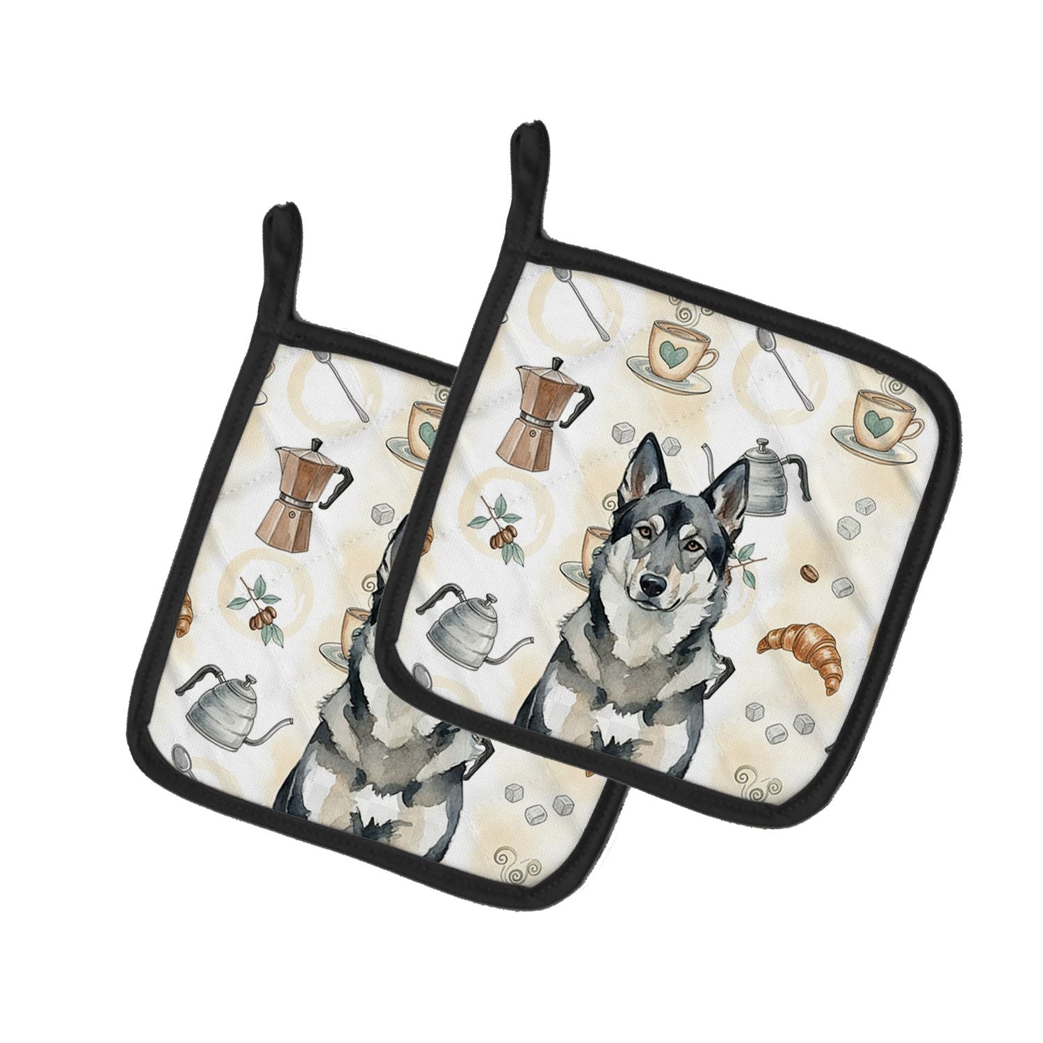 Norwegian Elkhound Coffee Bar Pair of Pot Holders Pair 7.5x7.5 Quilted Insulated Hot Pads Decorative Kitchen Gift Made in USA