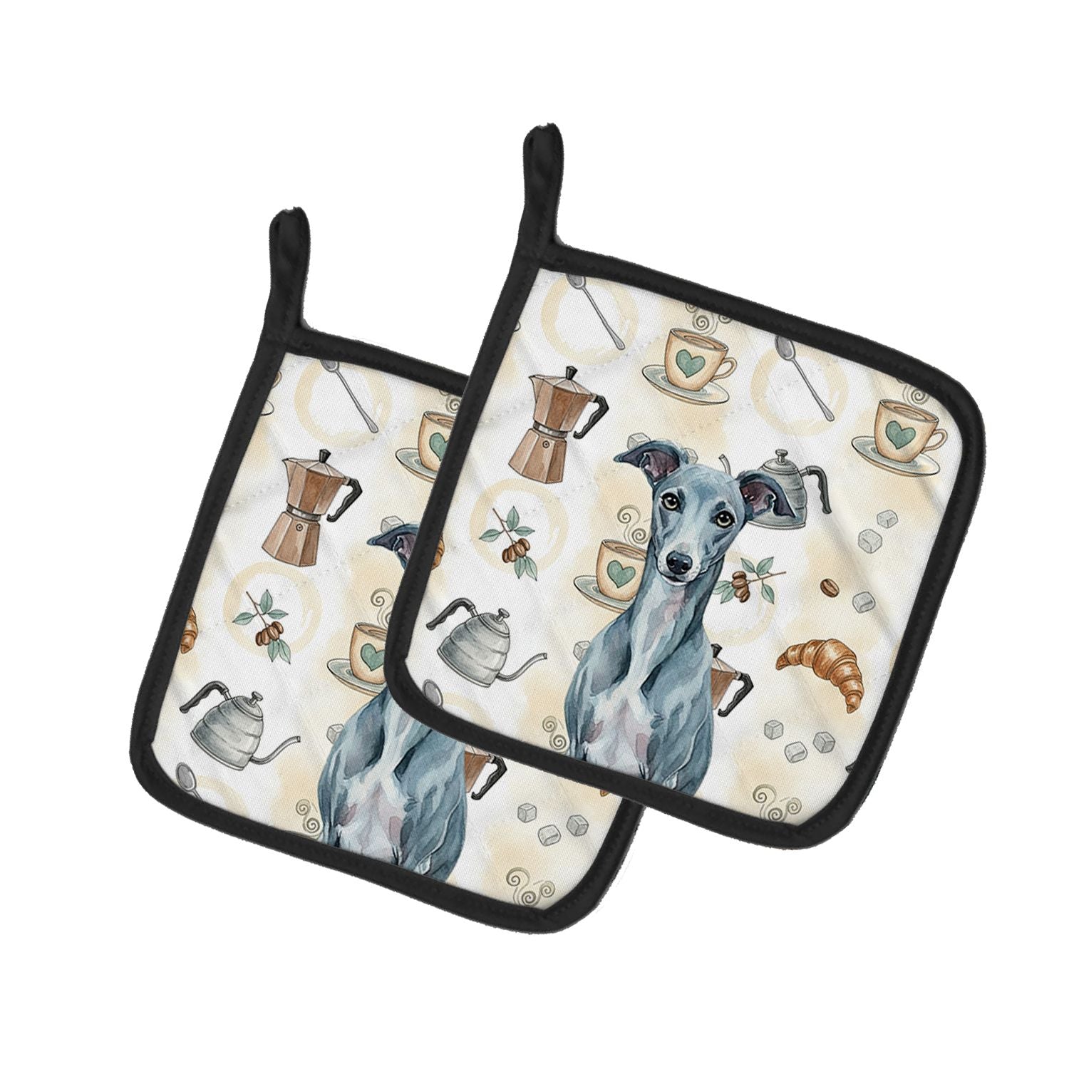 Blue Whippet Coffee Bar Pair of Pot Holders Pair 7.5x7.5 Quilted Insulated Hot Pads Decorative Kitchen Gift Made in USA