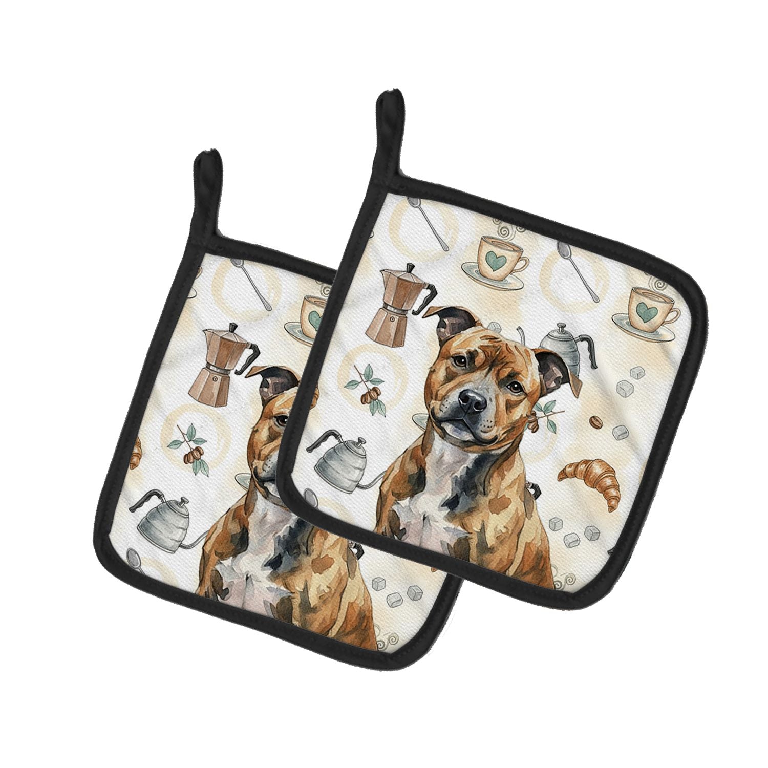 Brindle Staffordshire Bull Terrier Coffee Bar Pair of Pot Holders Pair 7.5x7.5 Quilted Insulated Hot Pads Decorative Kitchen Gif