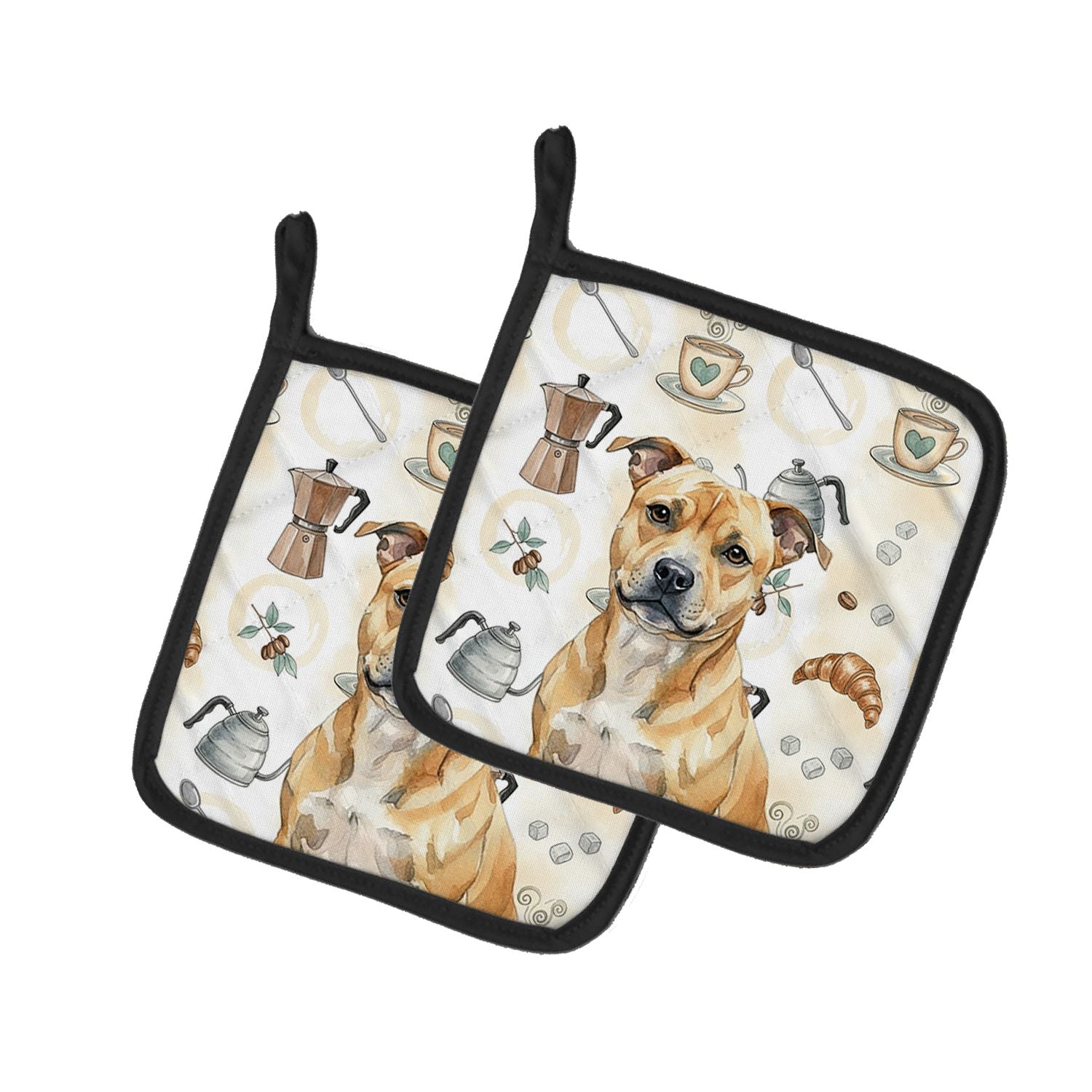 Fawn Staffordshire Bull Terrier Coffee Bar Pair of Pot Holders Pair 7.5x7.5 Quilted Insulated Hot Pads Decorative Kitchen Gift M